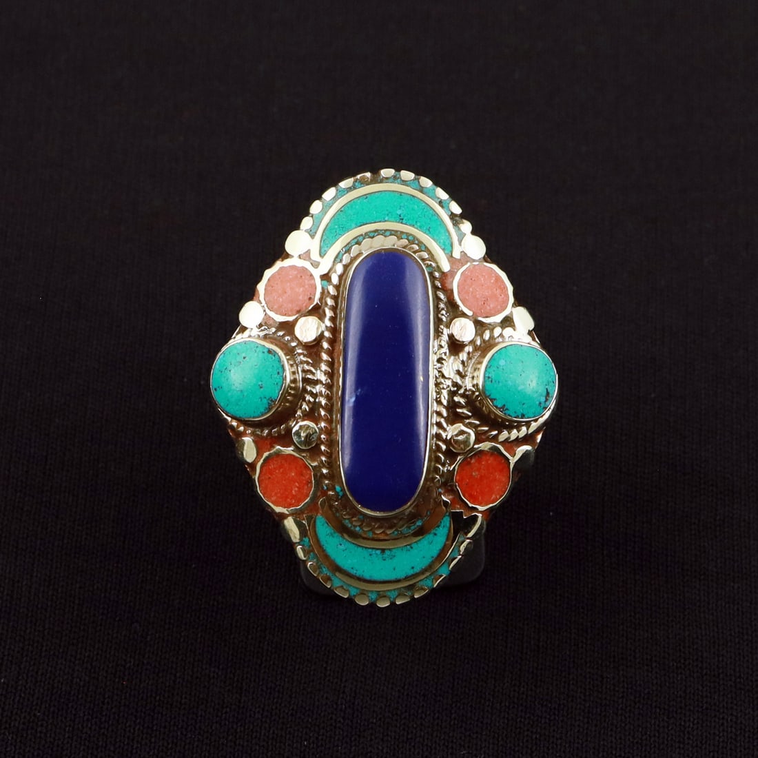 Tibetan Turquoise, Coral & Lapis Lazuli Handmade Ethnic Ring - Free Size: Product ID: 260801130023 Product - Tibetan Handmade Ethnic Ring Ring Size - Free Size Ring Weight - 21 Gram Gemstone - Turquoise & Coral & Lapis Lazuli Metal - Brass & Copper mix Metal Origin - Nepal 
