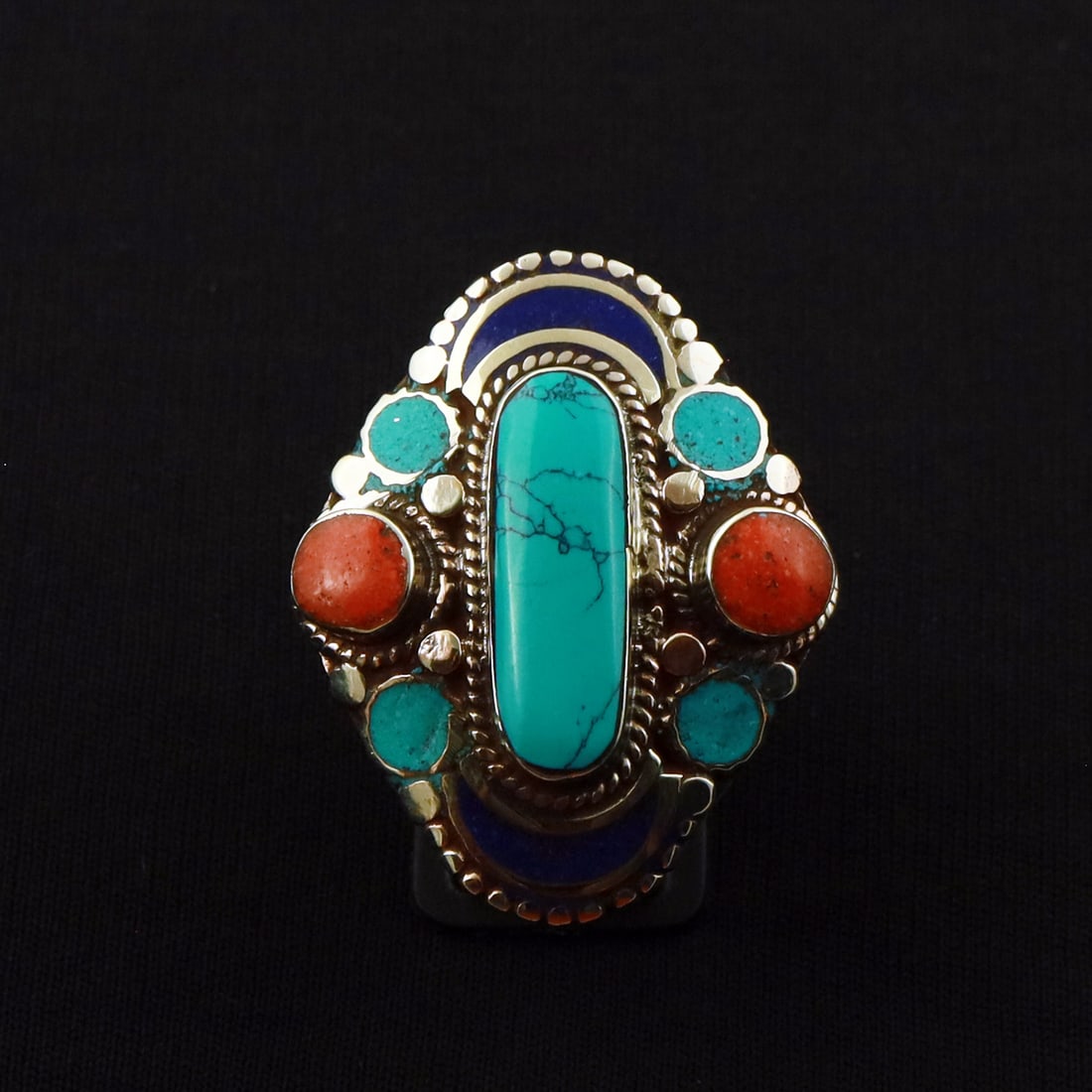 Tibetan Turquoise & Coral Handmade Ethnic Ring - Free Size: Product ID: 260721174350 Product - Tibetan Handmade Ethnic Ring Ring Size - Free Size Ring Weight - 21 Gram Gemstone - Turquoise & Coral & Lapis Lazuli Metal - Brass & Copper mix Metal Origin - Nepal 