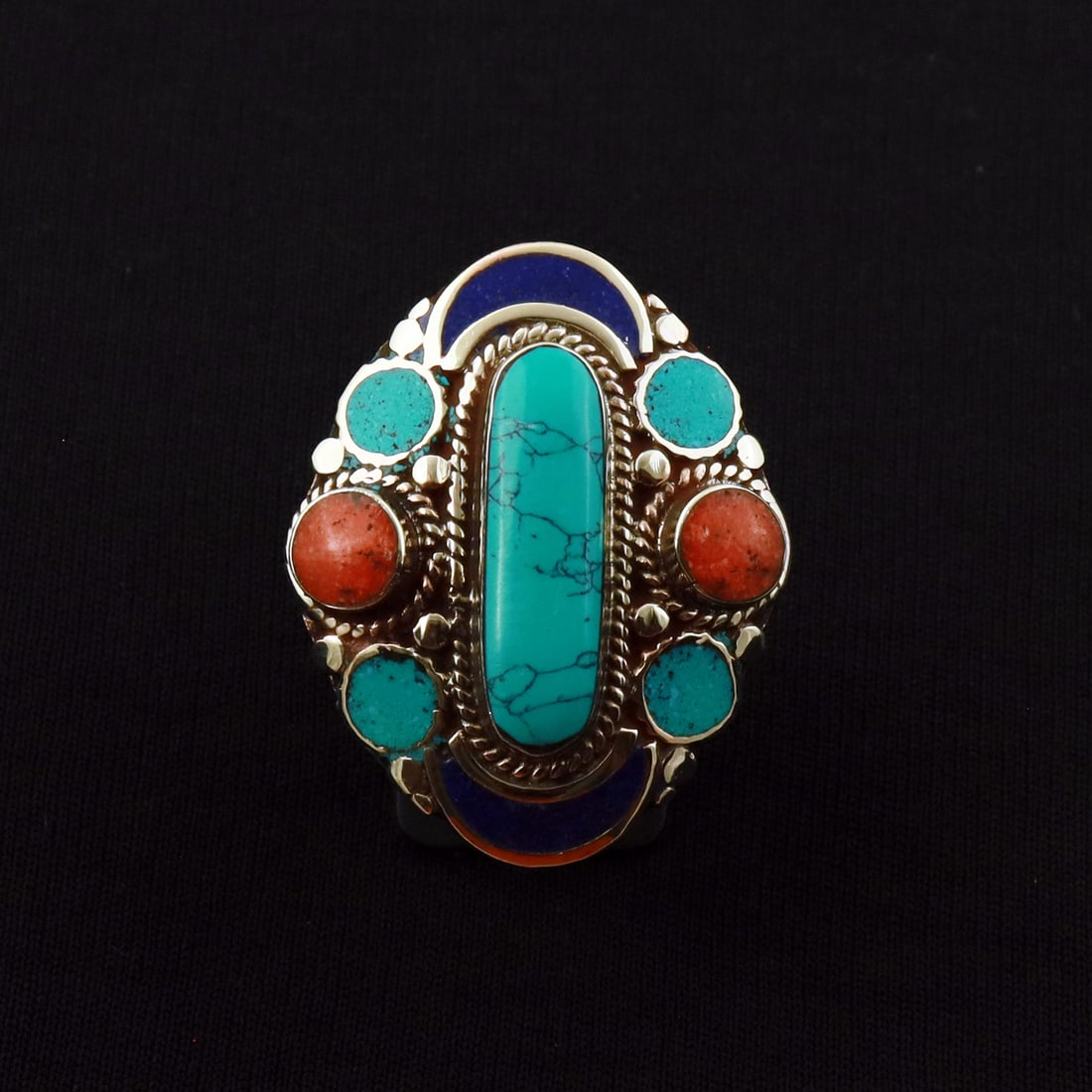 Tibetan Turquoise & Coral Handmade Ethnic Ring - Free Size: Product ID: 260721174242 Product - Tibetan Handmade Ethnic Ring Ring Size - Free Size Ring Weight - 21 Gram Gemstone - Turquoise & Coral & Lapis Lazuli Metal - Brass & Copper mix Metal Origin - Nepal 