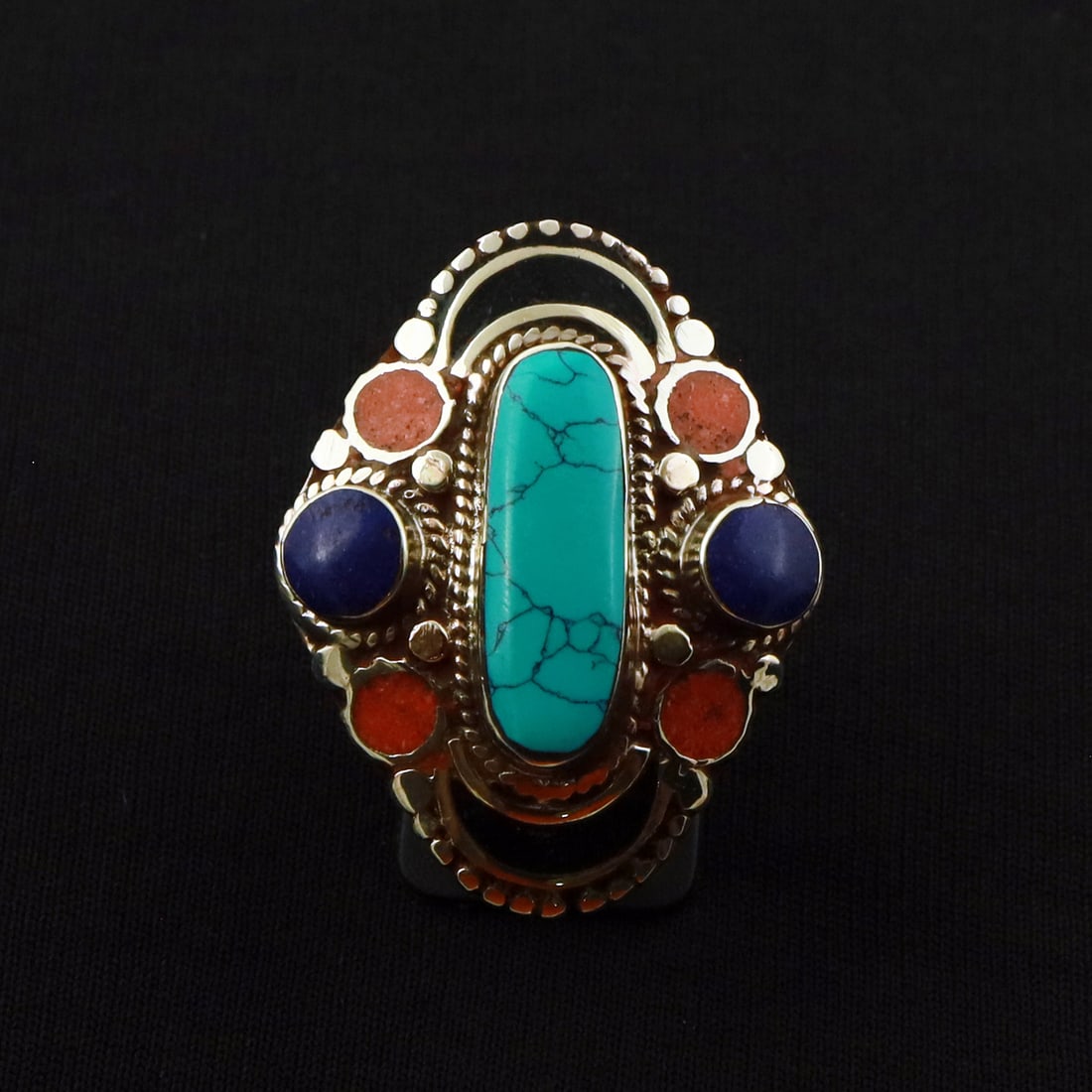 Tibetan Turquoise & Coral & Lapis Lazuli Handmade Ethnic Ring - Free Size: Product ID: 260721174037 Product - Tibetan Handmade Ethnic Ring Ring Size - Free Size Ring Weight - 21 Gram Gemstone - Turquoise & Coral & Lapis Lazuli & Black Onyx Metal - Brass & Copper mix Metal Or