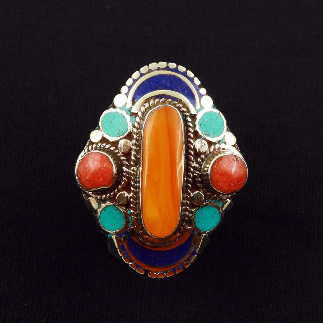 Tibetan Turquoise, Coral & Copal Handmade Ethnic Ring - Free Size: Product ID: 260721173851 Product - Tibetan Handmade Ethnic Ring Ring Size - Free Size Ring Weight - 21 Gram Gemstone - Turquoise & Coral & Copal Metal - Brass & Copper mix Metal Origin - Nepal Country