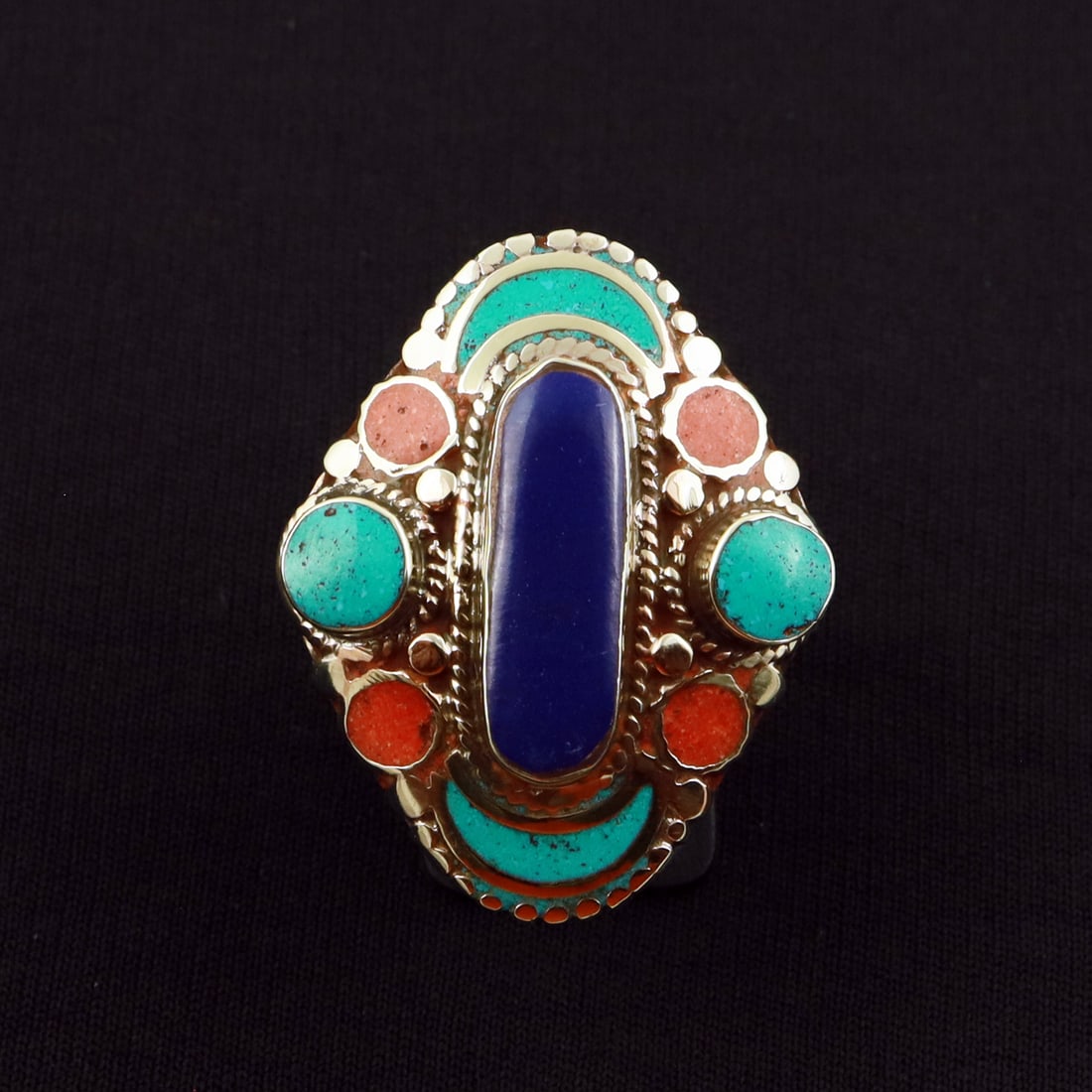 Tibetan Turquoise, Coral & Lapis Lazuli Handmade Ethnic Ring - Free Size: Product ID: 260721173712 Product - Tibetan Handmade Ethnic Ring Ring Size - Free Size Ring Weight - 21 Gram Gemstone - Turquoise & Coral & Lapis Lazuli Metal - Brass & Copper mix Metal Origin - Nepal 
