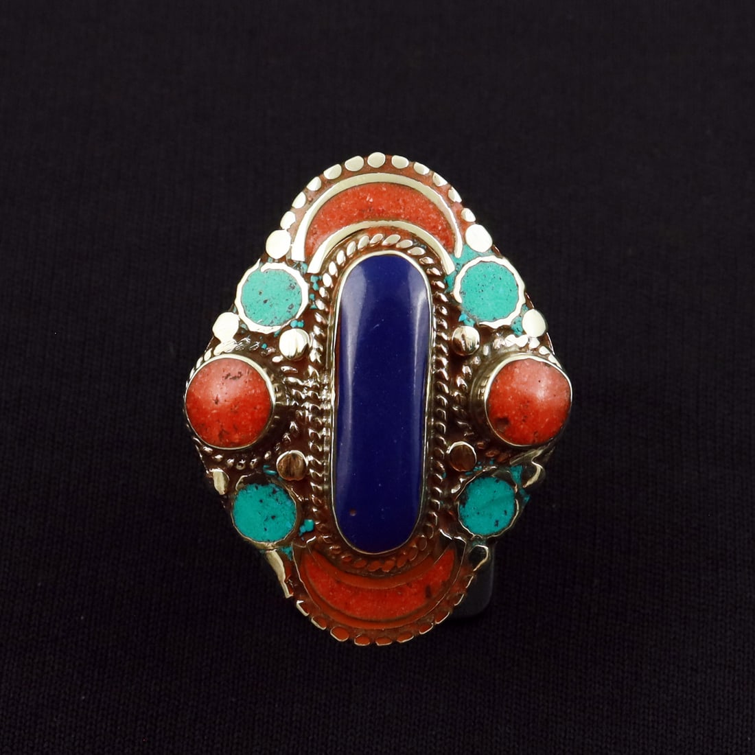 Tibetan Turquoise & Coral & Lapis Lazuli Handmade Ethnic Ring - Free Size: Product ID: 260721173607 Product - Tibetan Handmade Ethnic Ring Ring Size - Free Size Ring Weight - 21 Gram Gemstone - Turquoise & Coral & Lapis Lazuli Metal - Brass & Copper mix Metal Origin - Nepal 