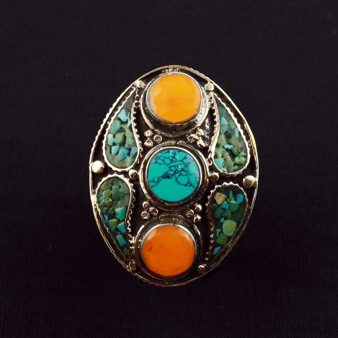 Tibetan Turquoise & Copal Handmade Ethnic Ring - Free Size: Product ID: 260721172238 Product - Tibetan Handmade Ethnic Ring Ring Size - Free Size Ring Weight - 22 Gram Gemstone - Turquoise & Copal Metal - Brass & Copper mix Metal Origin - Nepal Country/Region 
