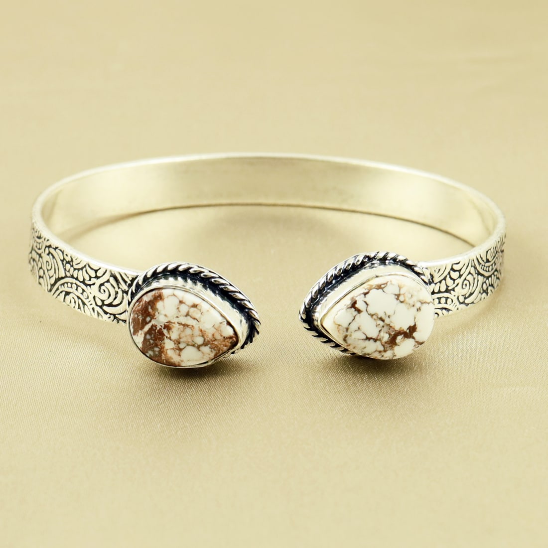 Natural Wild Horse 2 Micron Sterling Silver Plated Handmade Cuff Bangle: Product ID: 260716143031 Product - Handmade Silver Plated Cuff Bangle Metal - 92.5 2 Micron Sterling Silver Plated Bangle Size - 6.5x5 CM (Adjustable) Gemstone - Wild Horse Gemstone Origin - United St