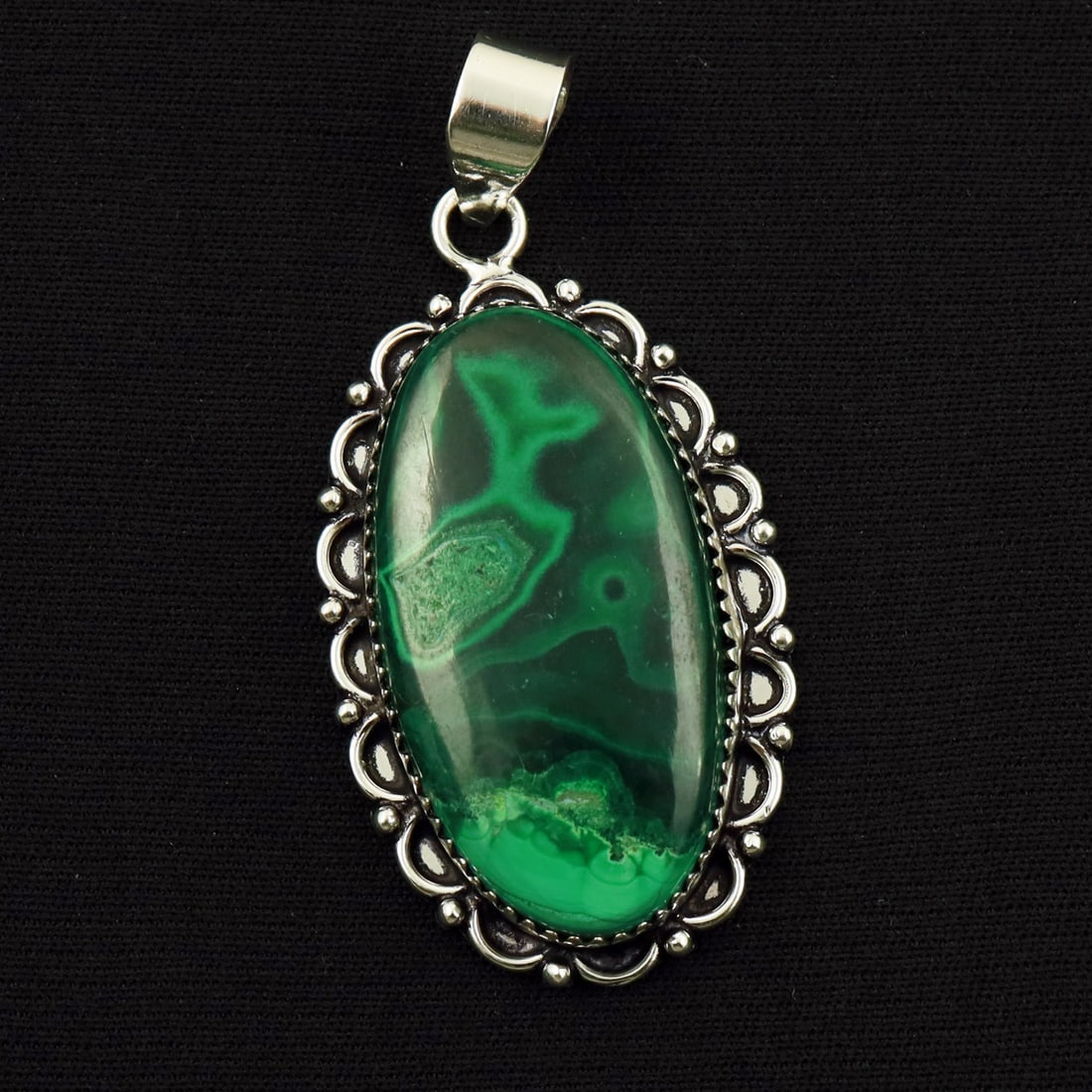Natural Malachite Sterling Silver Plated Handmade Pendant: Product ID: 260714162955 Product - Handmade Silver Plated Pendant Metal - 92.5 Sterling Silver Plated Pendant Size - 4x2 CM Gemstone - Malachite Gemstone Origin - Democratic Republic of Congo Gemstone