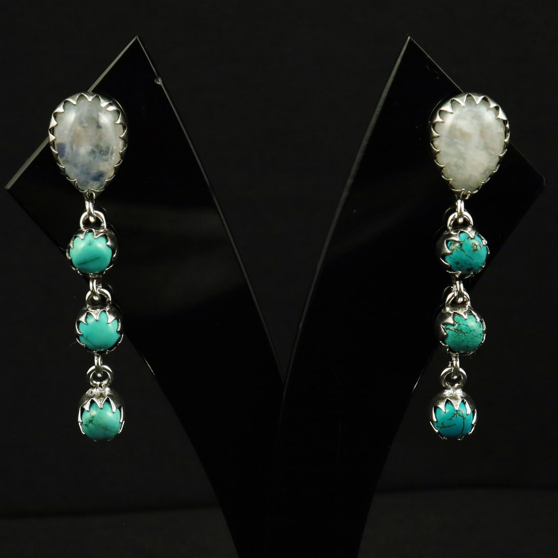 Natural Turquoise & Rainbow Moonstone Sterling Silver Plated Handmade Stud Earring: Product ID: 260708162521 Product - Handmade Silver Plated Stud Earring Metal - 92.5 Sterling Silver Plated Earring Type - Stud Gemstone - Turquoise & Rainbow Moonstone Gemstone Origin - Tibet & India 