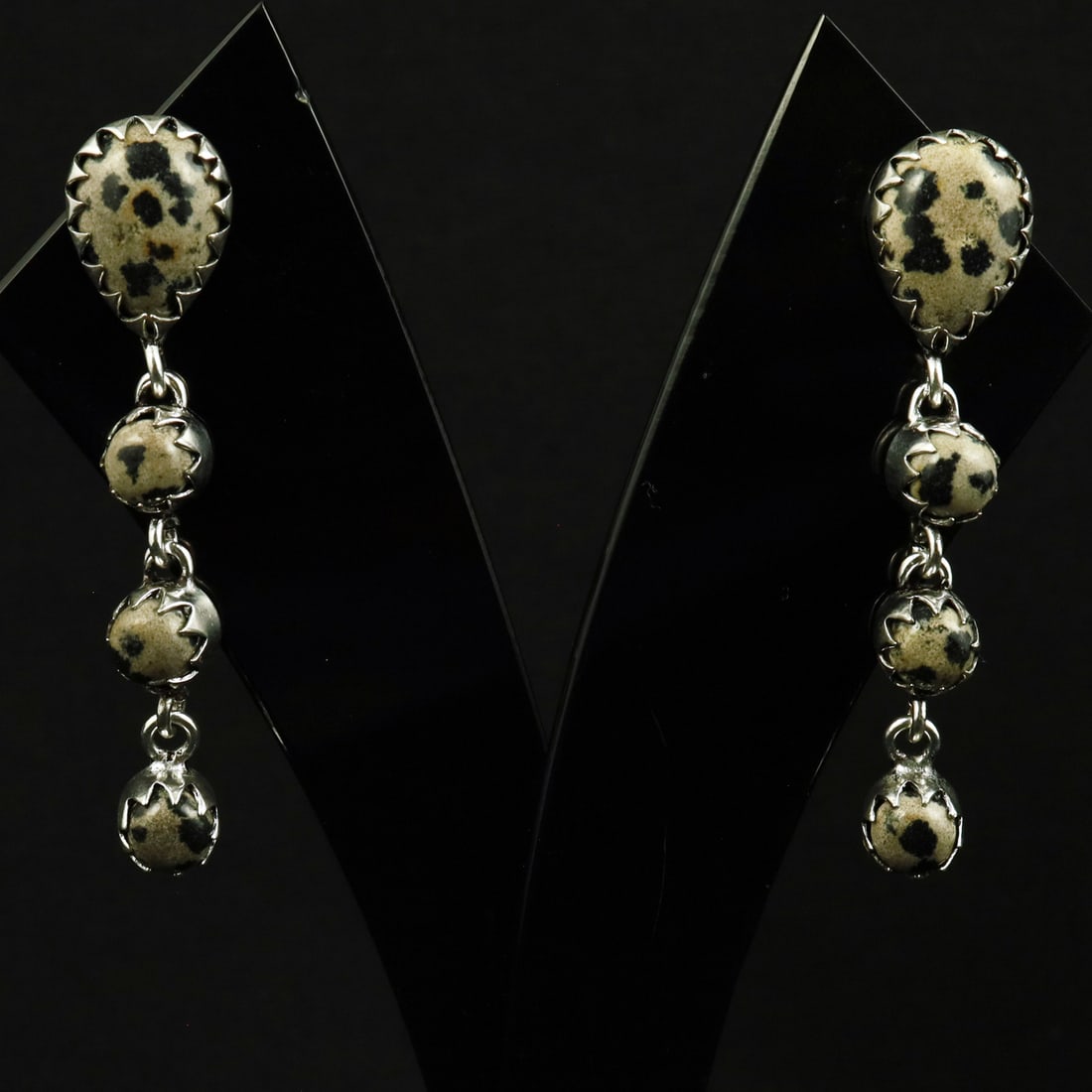Natural Dalmatian Jasper Sterling Silver Plated Handmade Stud Earring: Product ID: 260708161314 Product - Handmade Silver Plated Stud Earring Metal - 92.5 Sterling Silver Plated Earring Type - Stud Gemstone - Dalmatian Jasper Gemstone Origin - Mexico Gemstone Size - 10X1