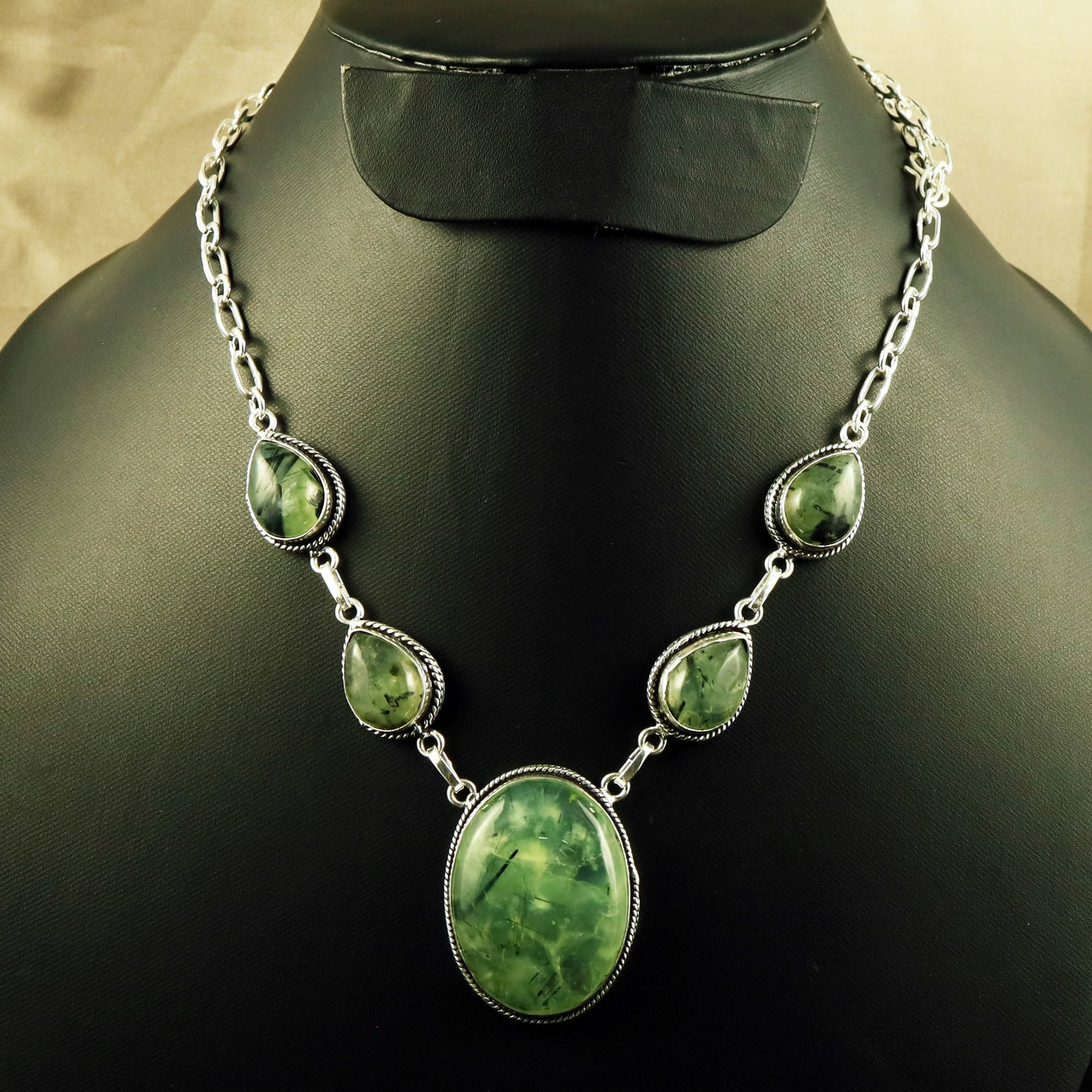 Natural Prehnite Sterling Silver Plated Handmade Necklace: Product ID: 260701145603 Product - Handmade Silver Plated Necklace Metal - 92.5 Sterling Silver Plated Necklace Length - 18 Inch Gemstone - Prehnite Gemstone Size - 12X16 MM (4 Stone), 3.5X2.5 CM (1 S