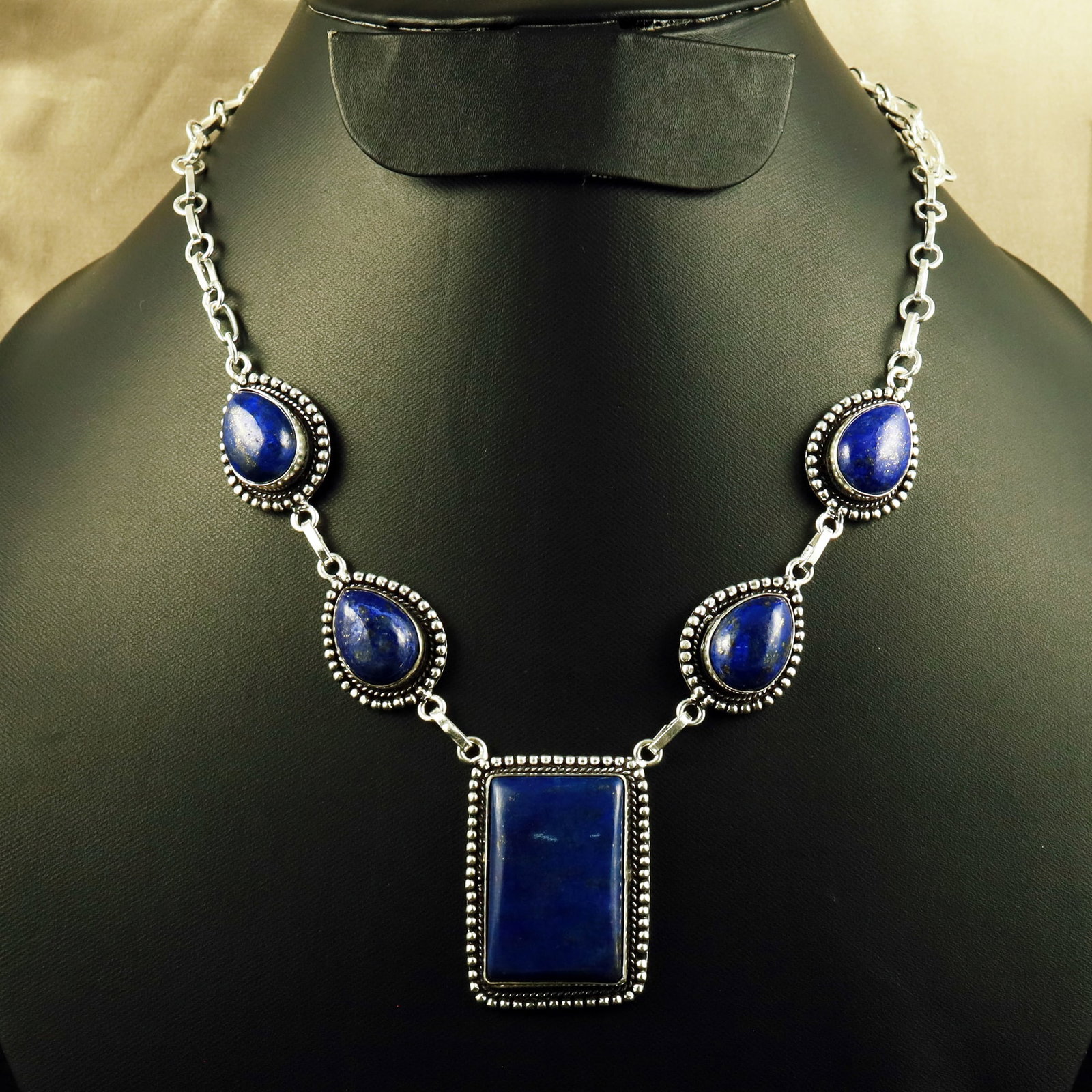 Natural Lapis Lazuli Sterling Silver Plated Handmade Necklace: Product ID: 260701150922 Product - Handmade Silver Plated Necklace Metal - 92.5 Sterling Silver Plated Necklace Length - 18 Inch Gemstone - Lapis Lazuli Gemstone Size - 12X16 MM (4 Stone), 3X2 CM (1 S