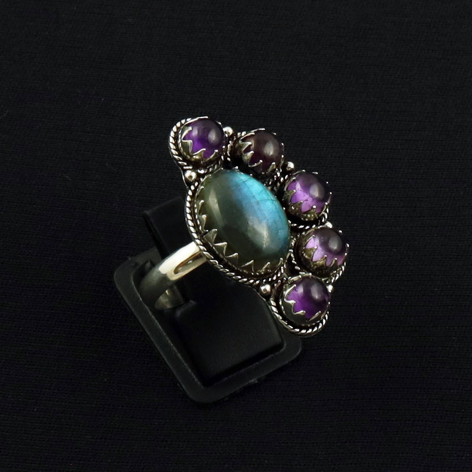 Natural Labradorite & Amethyst Sterling Silver Plated Handmade Ring - 9.5MM: Product ID: 260701142740 Product - Handmade Silver Plated Ring Metal - 92.5 Sterling Silver Plated Ring Size - 9.5MM Gemstone - Labradorite & Amethyst Gemstone Origin - Canada & United States Gemstone