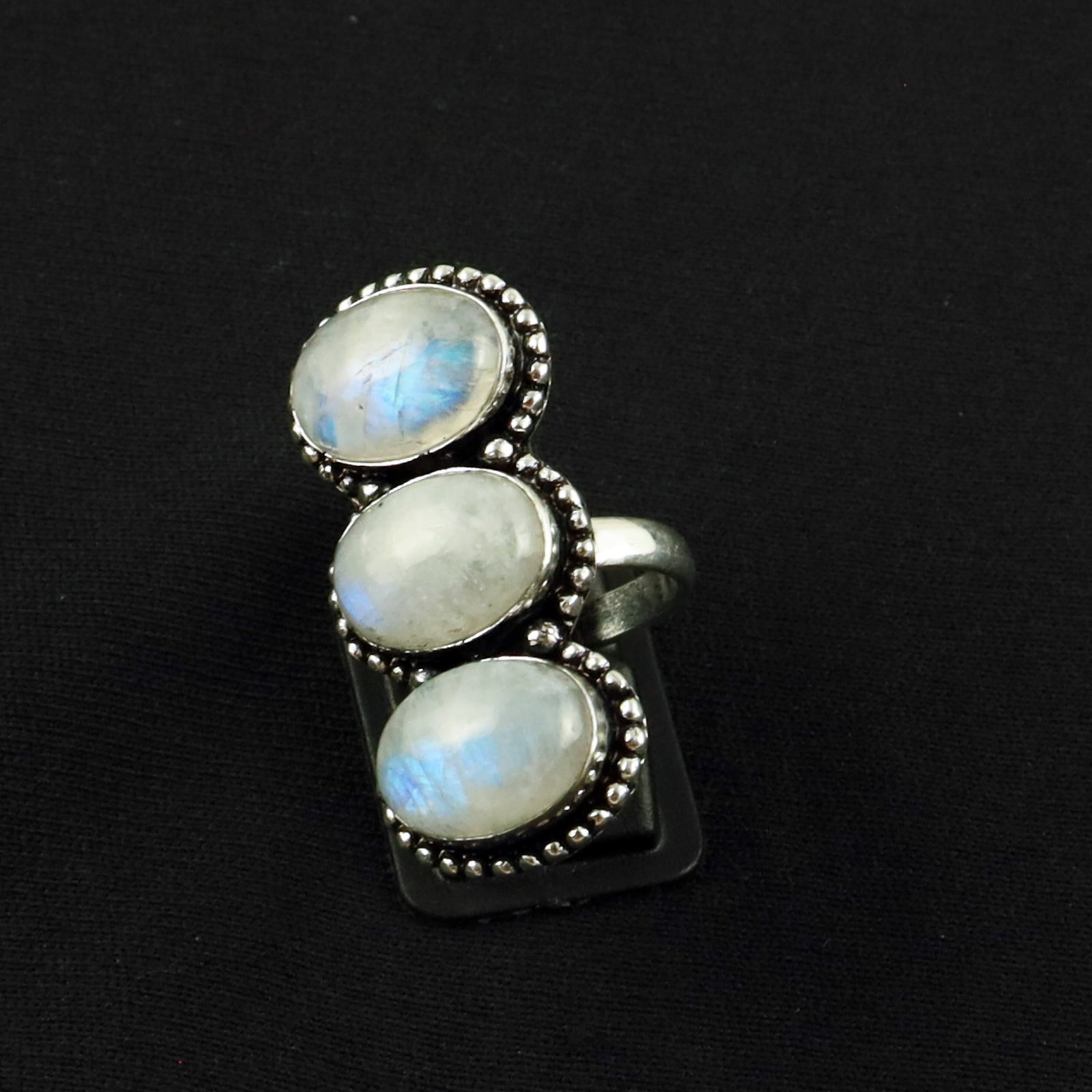 Natural Rainbow Moonstone Silver Plated Handmade Ring - 8MM: Product ID: 260620132554 Product - Handmade Silver Plated Ring Metal - 92.5 Sterling Silver Plated Ring Size - 8MM Gemstone - Rainbow Moonstone Gemstone Origin - India Gemstone Size - 10X14 MM ( 3 Sto