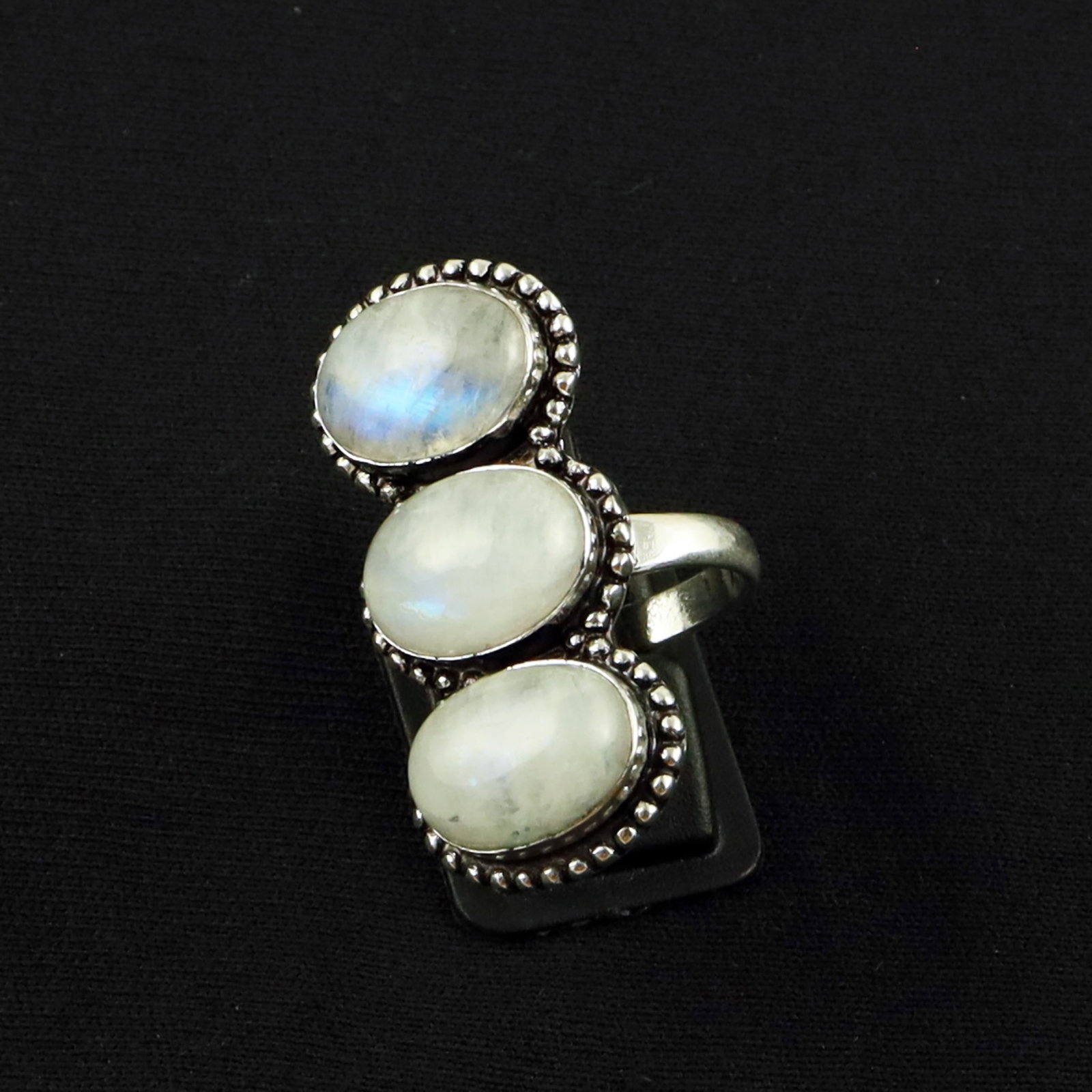 Natural Rainbow Moonstone Silver Plated Handmade Ring - 9MM: Product ID: 260620132425 Product - Handmade Silver Plated Ring Metal - 92.5 Sterling Silver Plated Ring Size - 9MM Gemstone - Rainbow Moonstone Gemstone Origin - India Gemstone Size - 10X14 MM ( 3 Sto