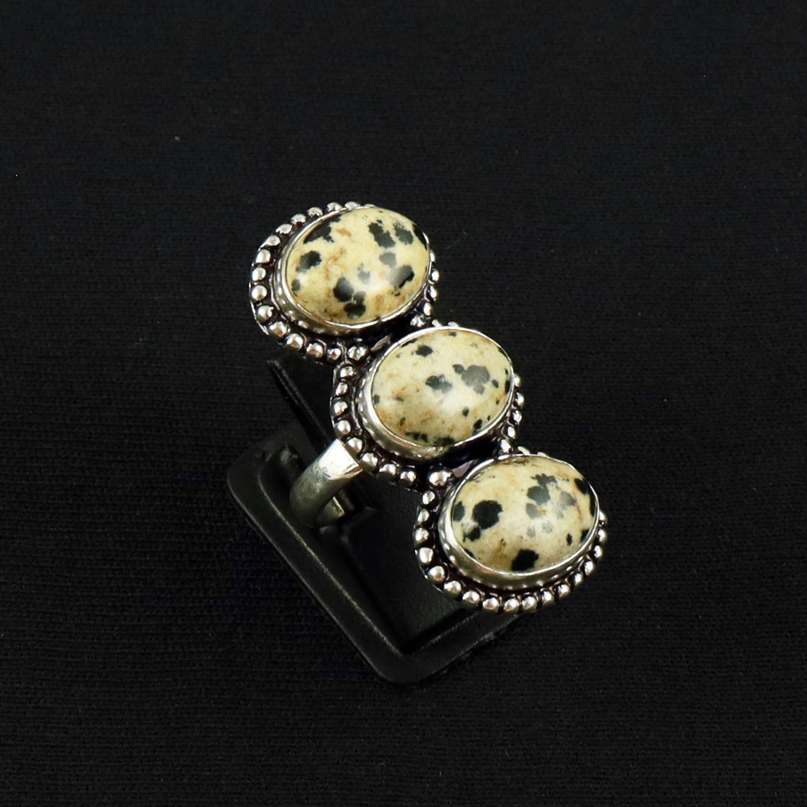 Natural Dalmatian Jasper Silver Plated Handmade Ring - 6MM: Product ID: 260620131959 Product - Handmade Silver Plated Ring Metal - 92.5 Sterling Silver Plated Ring Size - 6MM Gemstone - Dalmatian Jasper Gemstone Origin - Mexico Gemstone Size - 10X14 MM ( 3 Sto