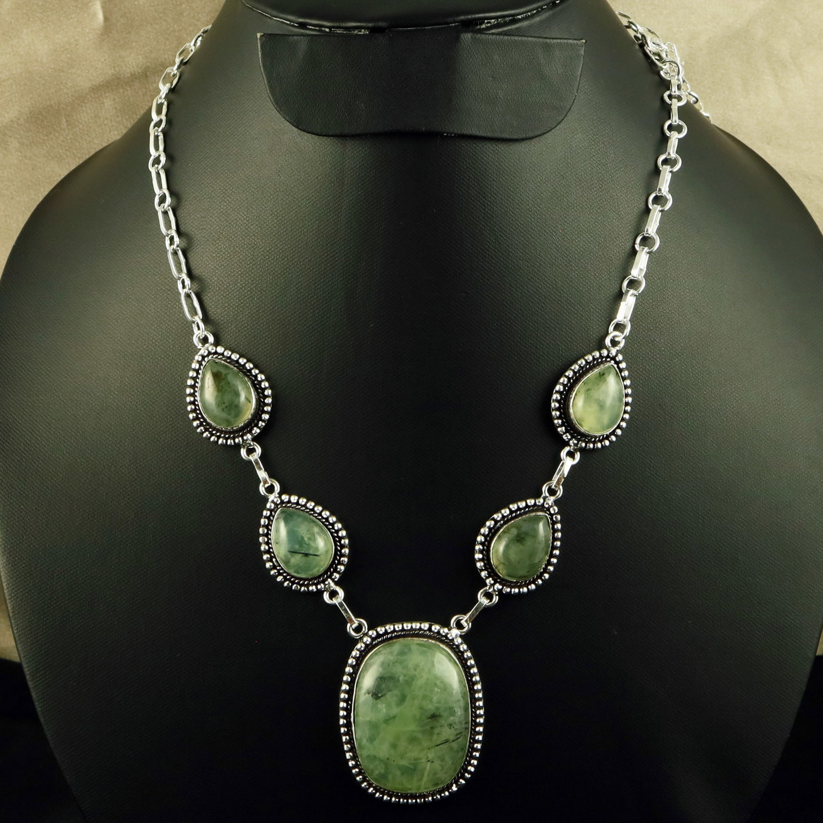 Natural Prehnite Sterling Silver Plated Handmade Necklace: Product ID: 260618115817 Product - Handmade Silver Plated Necklace Metal - 92.5 Sterling Silver Plated Necklace Length - 18 Inch Gemstone - Perhnite Gemstone Size - 12X16 MM (4 Stone), 3.5X2.5 CM (1 S