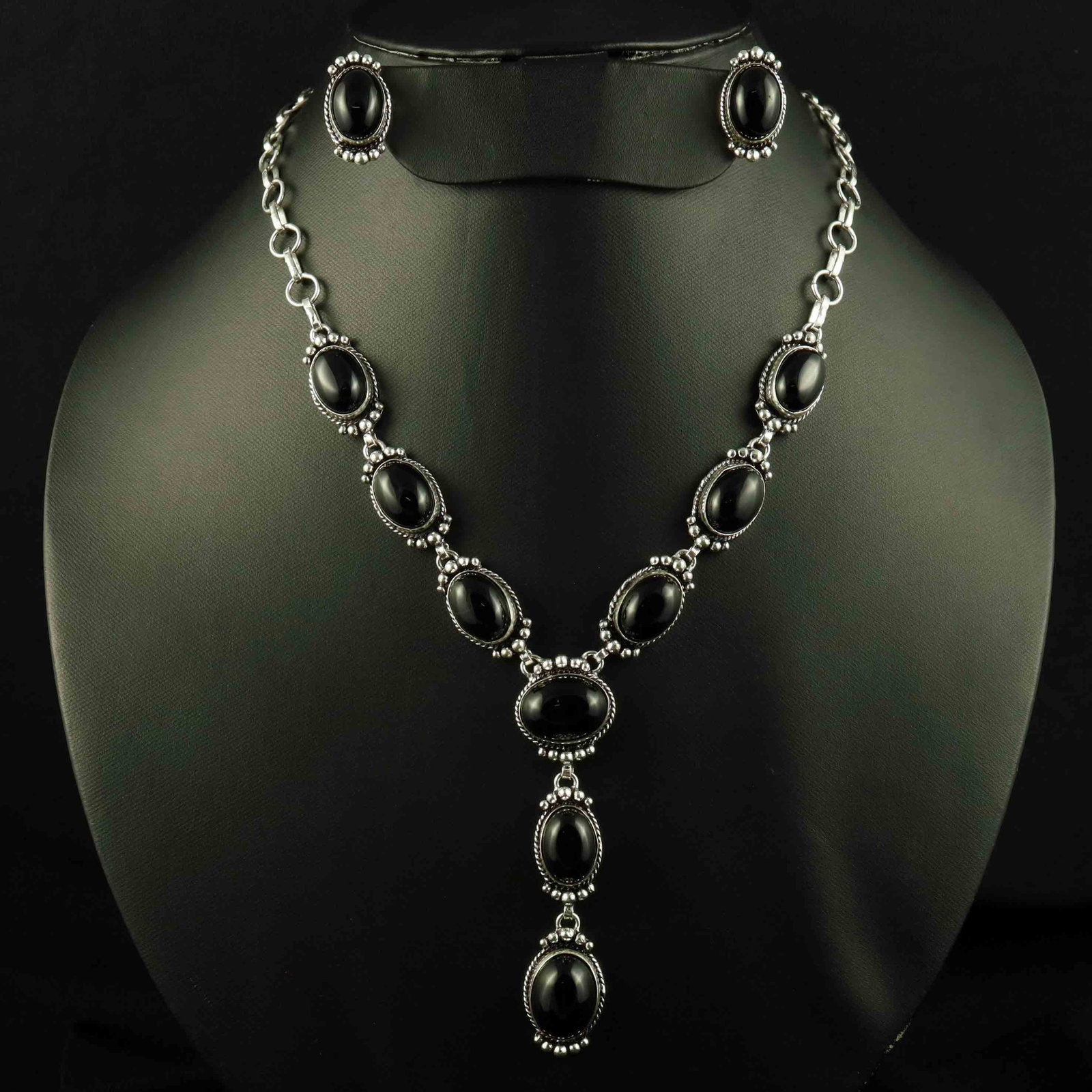 Natural Black Onyx Sterling Silver Plated Handmade Necklace With Stud Earring: Product ID: 260524120653 Product - Handmade Silver Plated Necklace With Earring Metal - 92.5 Sterling Silver Plated Necklace Length - 18 Inch Gemstone - Black Onyx Gemstone Size - 12X16 MM ( 2 Stone),