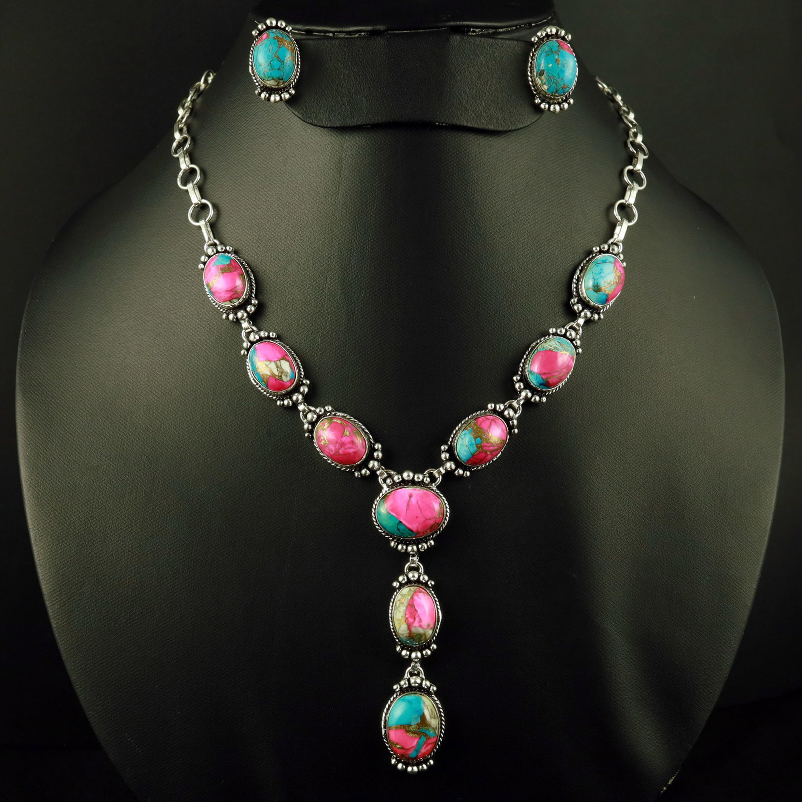 Natural Cotton Candy Silver Plated Handmade Necklace With Stud Earring: Product ID: 260521165229 Product - Handmade Silver Plated Necklace With Earring Metal - 92.5 Sterling Silver Plated Necklace Length - 18 Inch Gemstone - Cotton Candy Gemstone Size - 12X16 MM ( 2 Stone