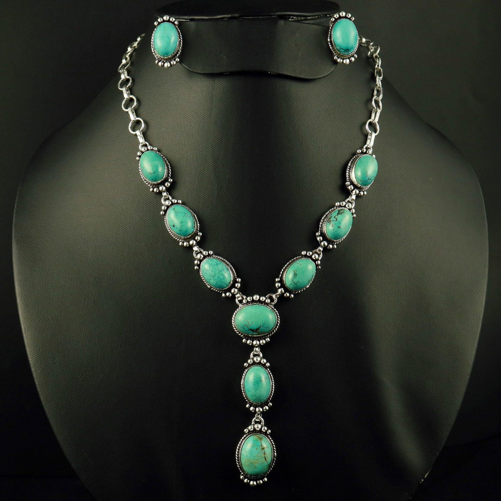 Natural Turquoise Sterling Silver Plated Handmade Necklace With Stud Earring: Product ID: 260521164851 Product - Handmade Silver Plated Necklace With Earring Metal - 92.5 Sterling Silver Plated Necklace Length - 18 Inch Gemstone - Turquoise Gemstone Size - 12X16 MM ( 2 Stone), 