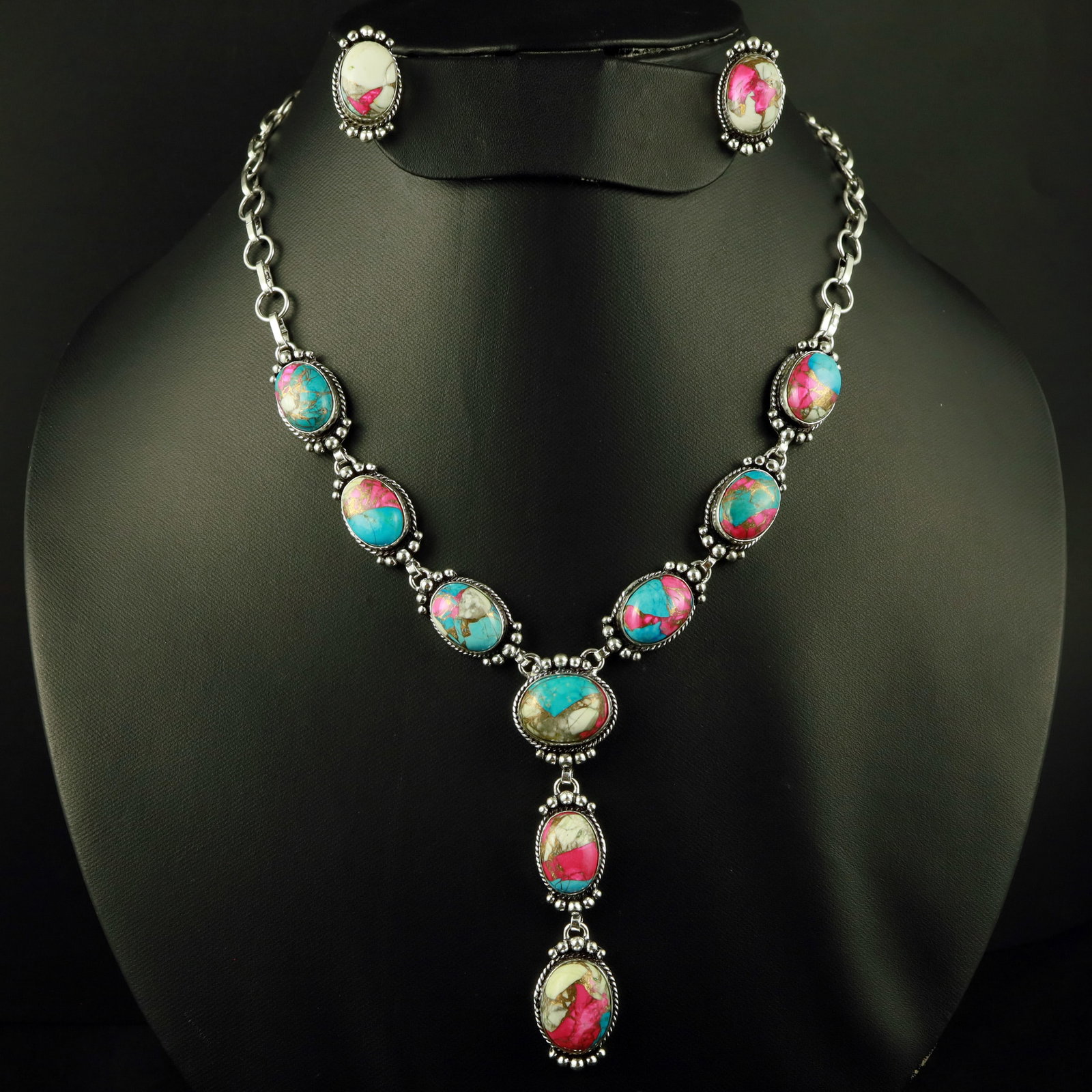 Natural Cotton Candy Sterling Silver Plated Handmade Necklace With Stud Earring: Product ID: 260521165333 Product - Handmade Silver Plated Necklace With Earring Metal - 92.5 Sterling Silver Plated Necklace Length - 18 Inch Gemstone - Cotton Candy Gemstone Size - 12X16 MM ( 2 Stone