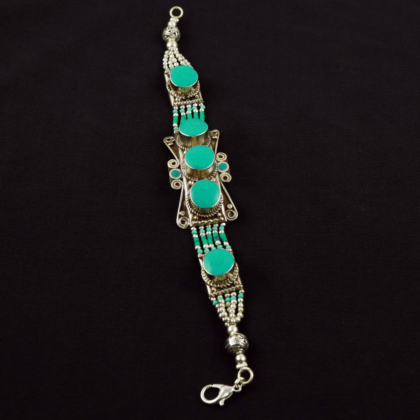 Tibetan Turquoise Handmade Asian Royal Bracelet: Product ID: 260520113601 Product - Tibetan Handmade Ethnic Bracelet Gemstone - Natural Turquoise Size - 7 Inch Weight - 50 Gram Approx Metal - Brass & Copper mix Metal Origin - Nepal Country/Region of