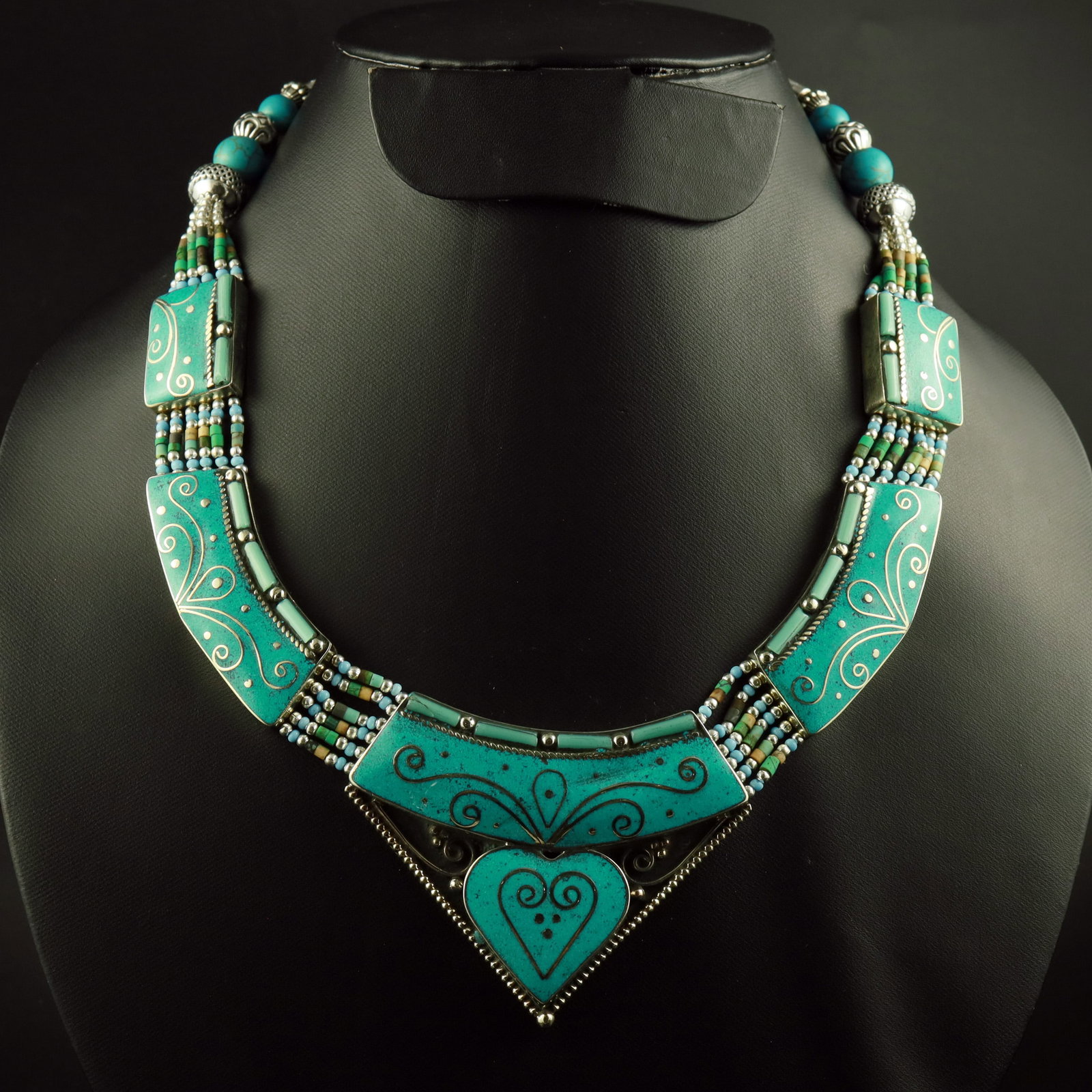 Tibetan Turquoise Handmade Ethnic Heart Necklace: Product ID: 260519120710 Product - Tibetan Handmade Necklace Gemstone - Natural Turquoise Necklace Length - 18 Inch Necklace Weight - 135 Gram Approx Metal - Brass & Copper mix Metal Origin - Nepal Co