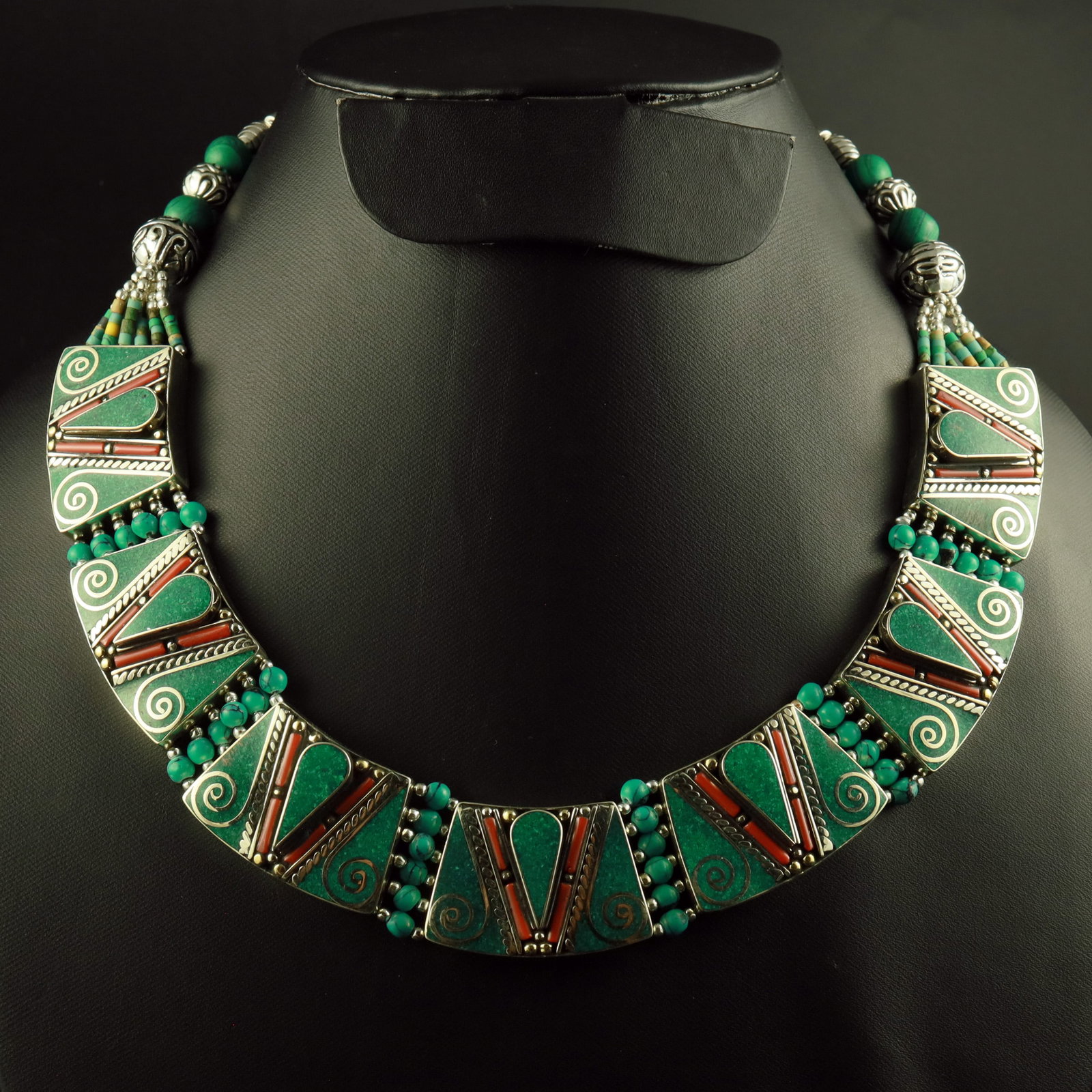 Tibetan Turquoise & Coral Handmade Hippie Choker Necklace: Product ID: 260518174249 Product - Tibetan Handmade Ethnic Necklace Gemstone - Natural Turquoise & Coral Necklace Length - 18 Inch Necklace Weight - 175 Gram Approx Metal - Brass & Copper mix Metal Or