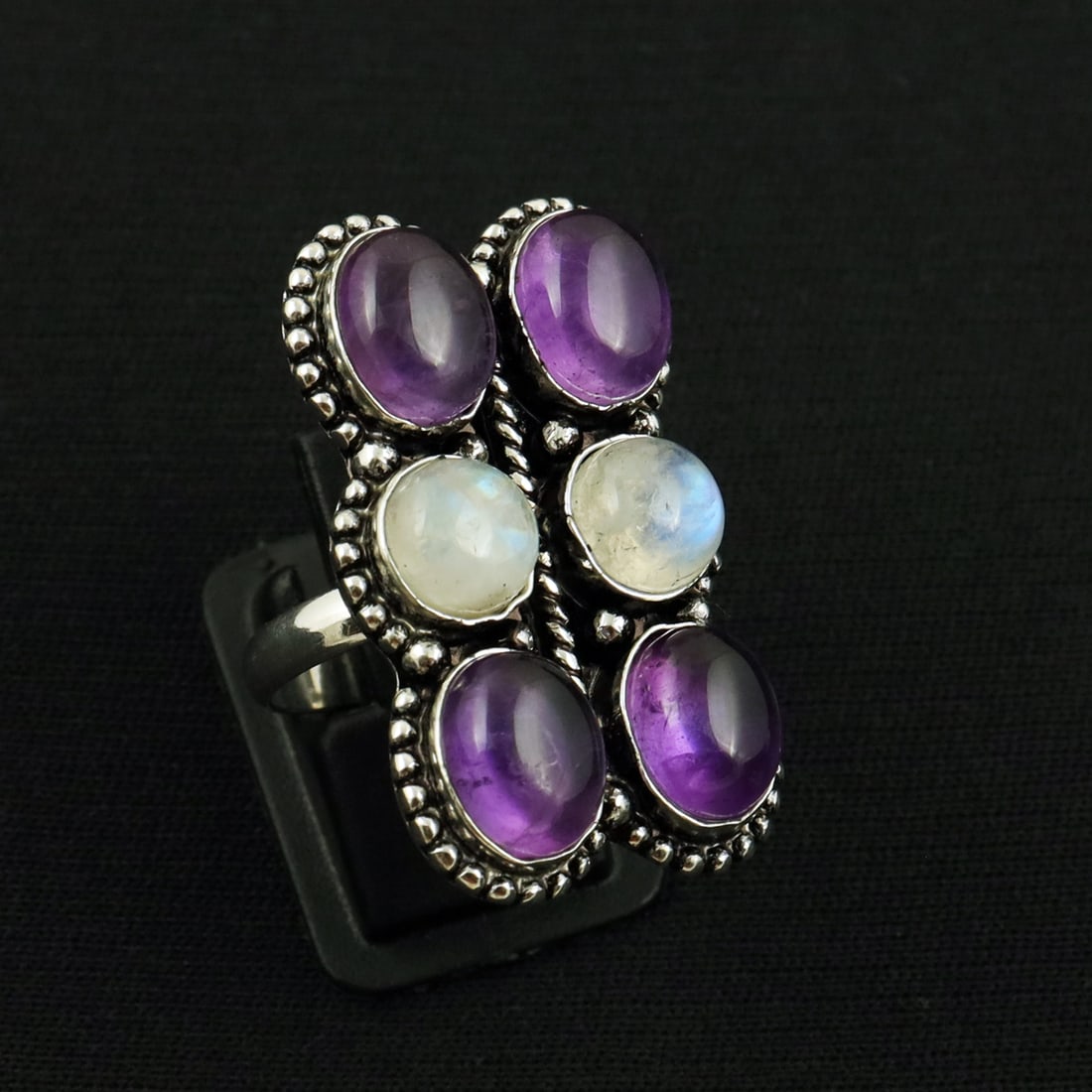 Natural Rainbow Moonstone & Amethyst Sterling Silver Plated Handmade Ring - 8MM ( Adjustable ): Product ID: 260820103955 Product - Handmade Silver Plated Ring Metal - 92.5 Sterling Silver Plated Ring Size - 8MM ( Adjustable ) Gemstone - Rainbow Moonstone & Amethyst Gemstone Origin - India & Afri