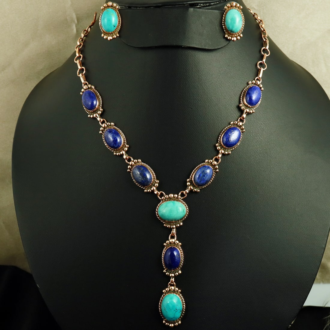 Natural Lapis Lazuli & Turquoise Copper Plated Handmade Necklace With Stud Earring: Product ID: 260811140823 Product - Handmade Silver Plated Necklace With Earring Metal - 92.5 Sterling Copper Plated Necklace Length - 18 Inch Gemstone - Lapis Lazuli & Turquoise Gemstone Origin - Afgh