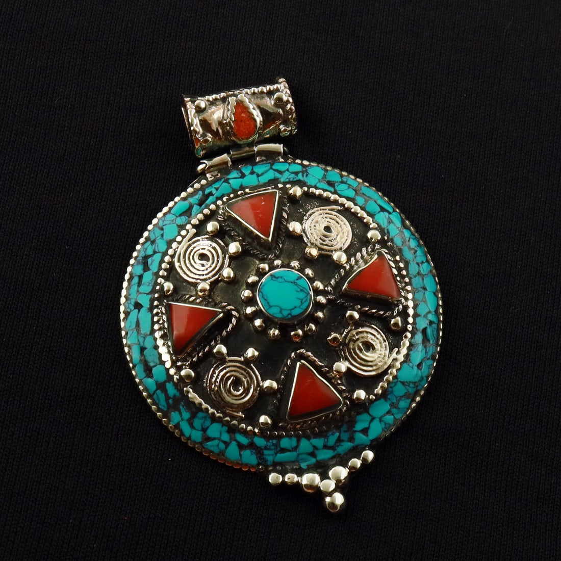 Tibetan Turquoise & Coral Handmade Ethnic Choker Pendant: Product ID: 260721180845 Product - Tibetan Handmade Ethnic Pendant Pendant Size - 6+1 X5 CM Pendant Weight - 20 Gram Gemstone - Turquoise & Coral Metal - Brass & Copper mix Metal Origin - Nepal Countr