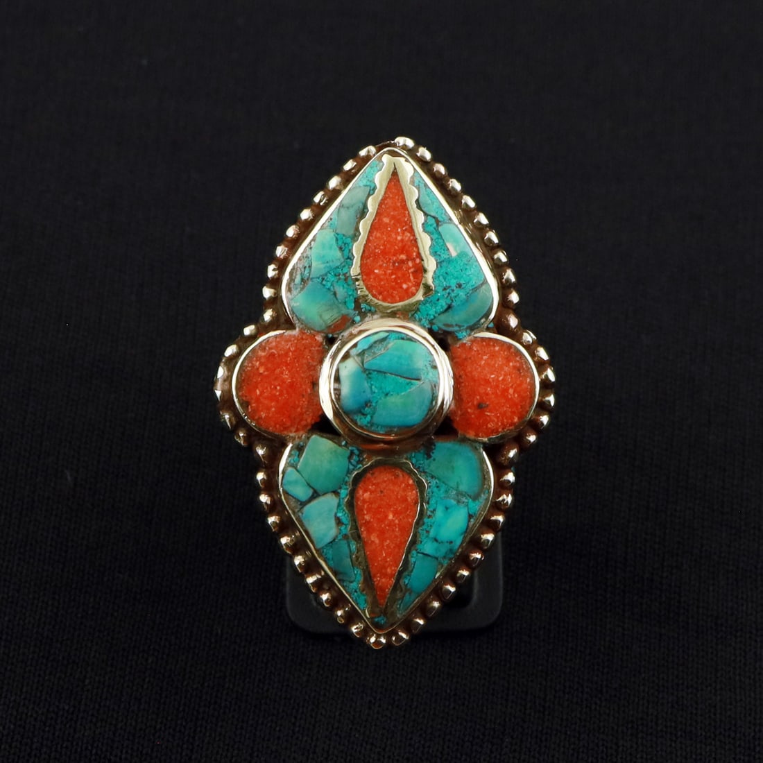 Tibetan Turquoise & Coral Handmade Ethnic Choker Ring - 8.5MM: Product ID: 260721171502 Product - Tibetan Handmade Ethnic Ring Ring Size - 8.5MM Ring Weight - 19 Gram Gemstone - Turquoise & Coral Metal - Brass & Copper mix Metal Origin - Nepal Country/Region of M
