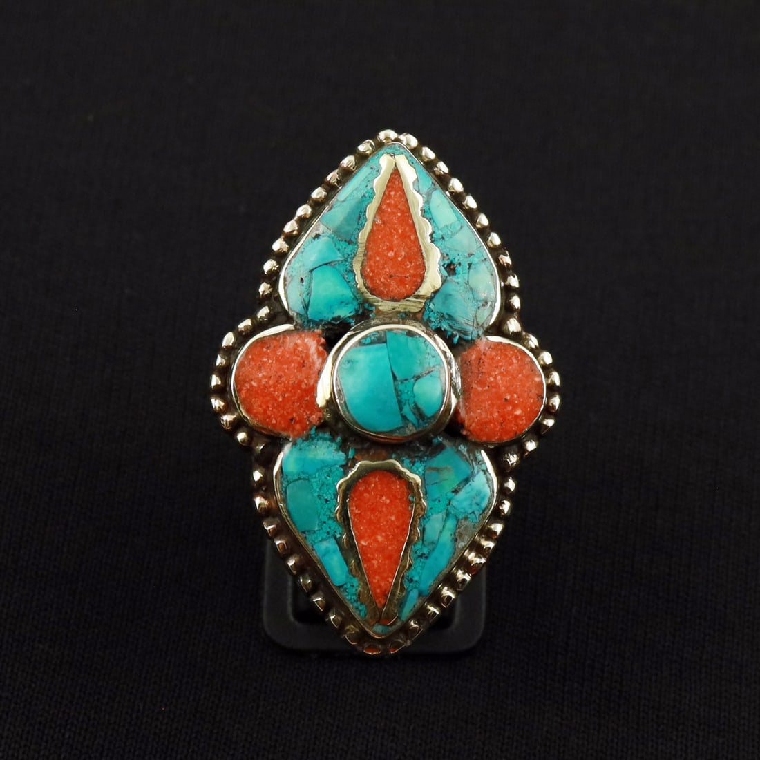 Tibetan Turquoise & Coral Handmade Ethnic Ring - 8.5MM: Product ID: 260721171319 Product - Tibetan Handmade Ethnic Ring Ring Size - 8.5MM Ring Weight - 19 Gram Gemstone - Turquoise & Coral Metal - Brass & Copper mix Metal Origin - Nepal Country/Region of M