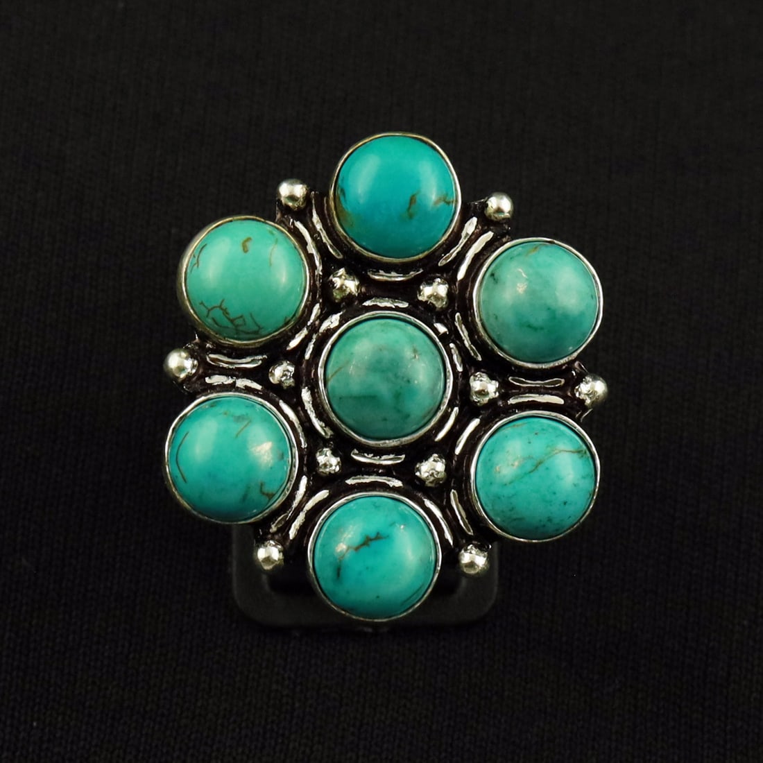 Natural Turquoise Sterling Silver Plated Handmade Ring - 9MM: Product ID: 260720151435 Product - Handmade Silver Plated Ring Metal - 92.5 Sterling Silver Plated Ring Size - 9MM Gemstone - Turquoise Gemstone Origin - Tibet Gemstone Size - 8MM ( 7 Stone ) Gemstone