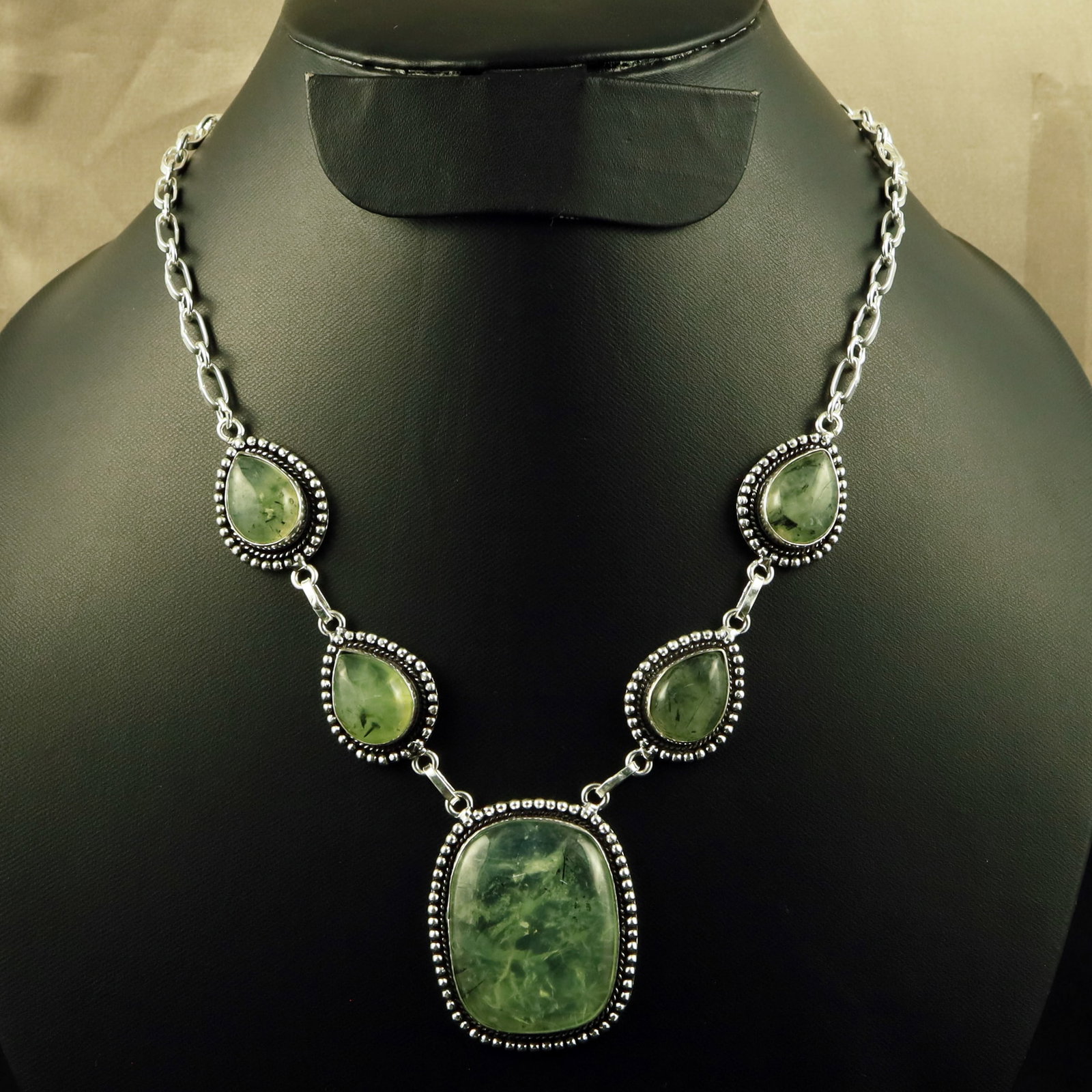 Natural Prehnite Sterling Silver Plated Handmade Necklace: Product ID: 260701145500 Product - Handmade Silver Plated Necklace Metal - 92.5 Sterling Silver Plated Necklace Length - 18 Inch Gemstone - Prehnite Gemstone Size - 12X16 MM (4 Stone), 3.5X2.5 CM (1 S