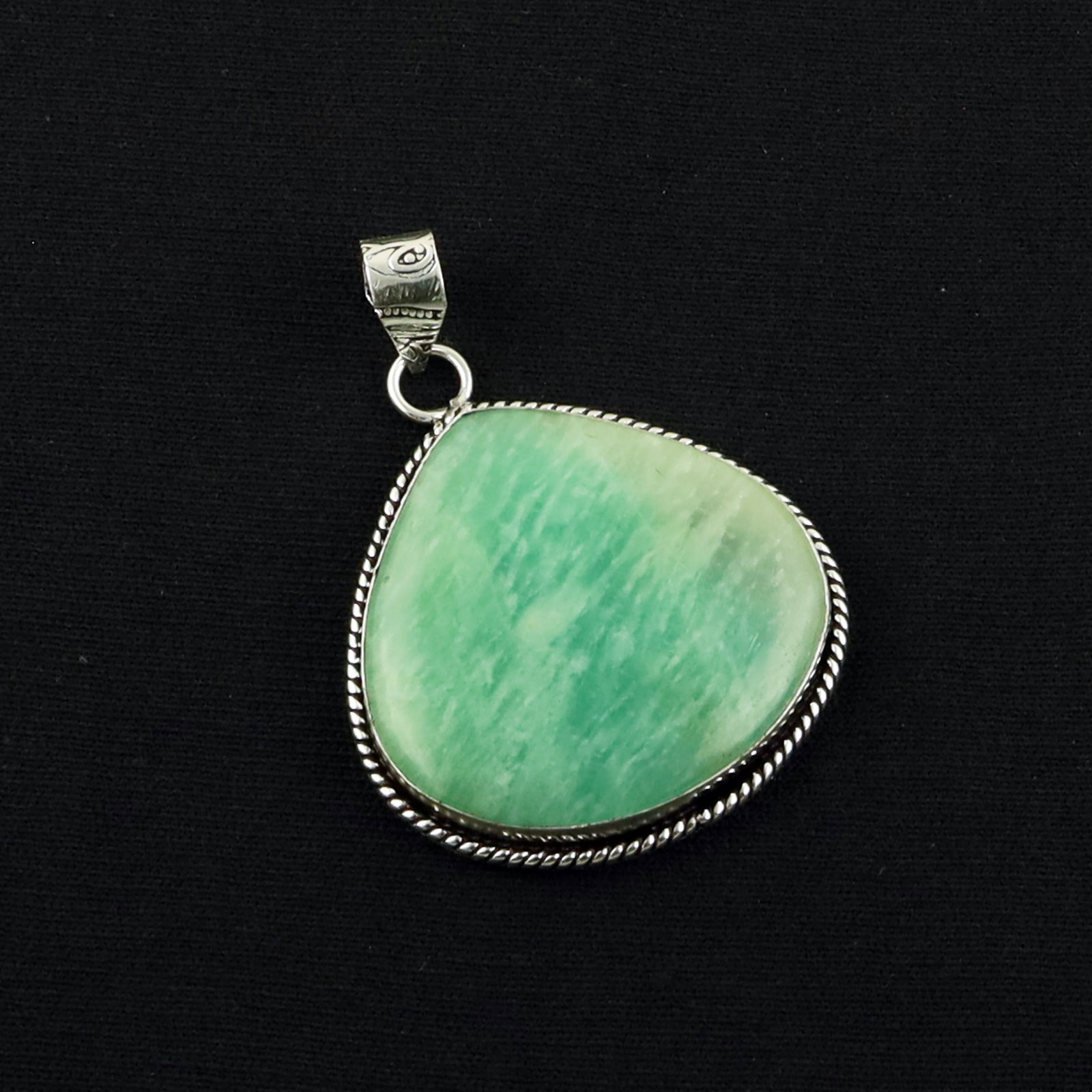 Natural Amazonite Sterling Silver Plated Handmade Pendant: Product ID: 260619171529 Product - Handmade Silver Plated Pendant Metal - 92.5 Sterling Silver Plated Pendant Size - 3X3 CM Gemstone - Amazonite Gemstone Origin - Brazil Gemstone Shape - Pear Pendant 