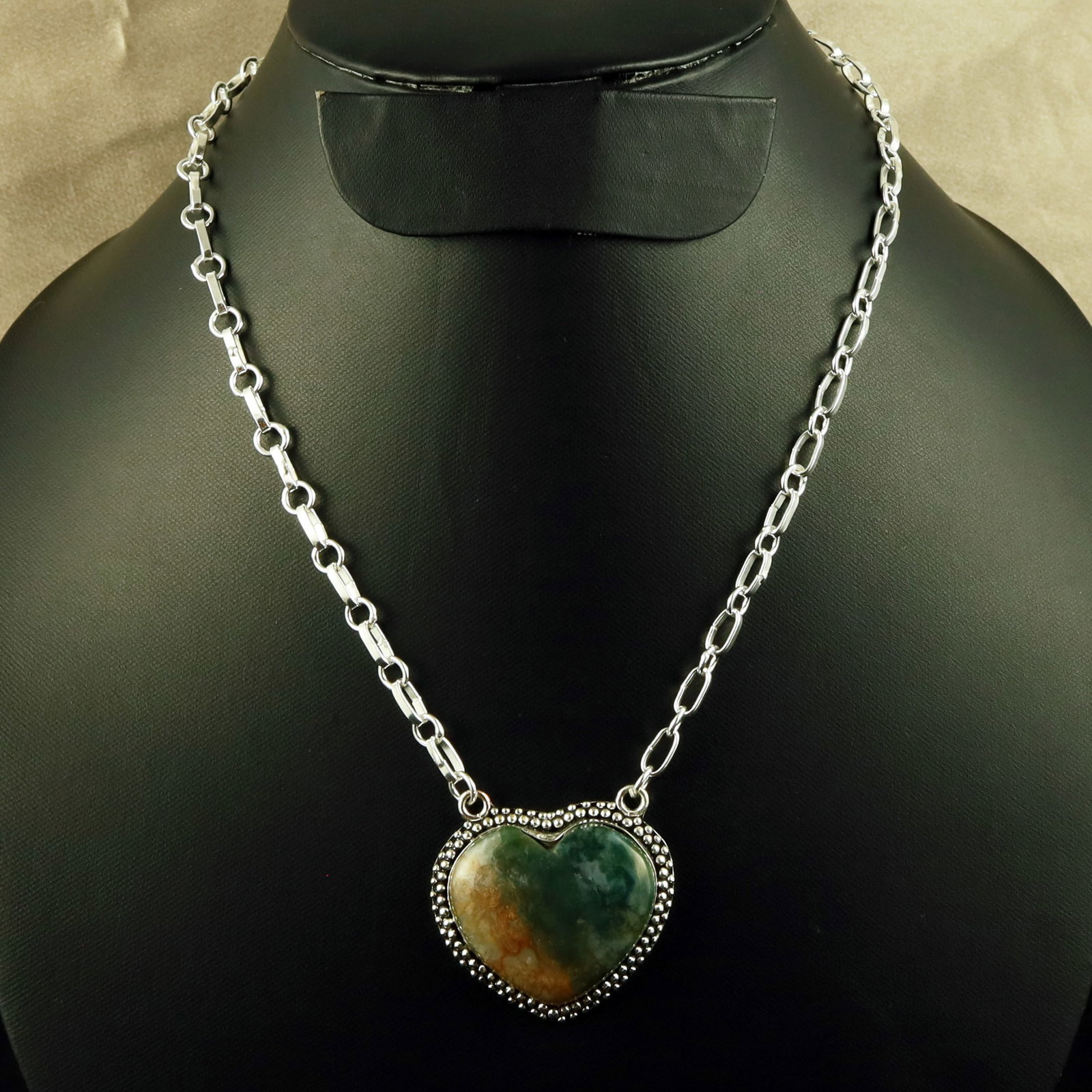 Natural MossAgate Sterling Silver Plated Handmade Heart Necklace: Product ID: 260618120504 Product - Handmade Silver Plated Necklace Metal - 92.5 Sterling Silver Plated Necklace Length - 18 Inch Gemstone - Moss Agate Gemstone Size - 2.5X2.5 CM (1 Stone) Gemstone Ori