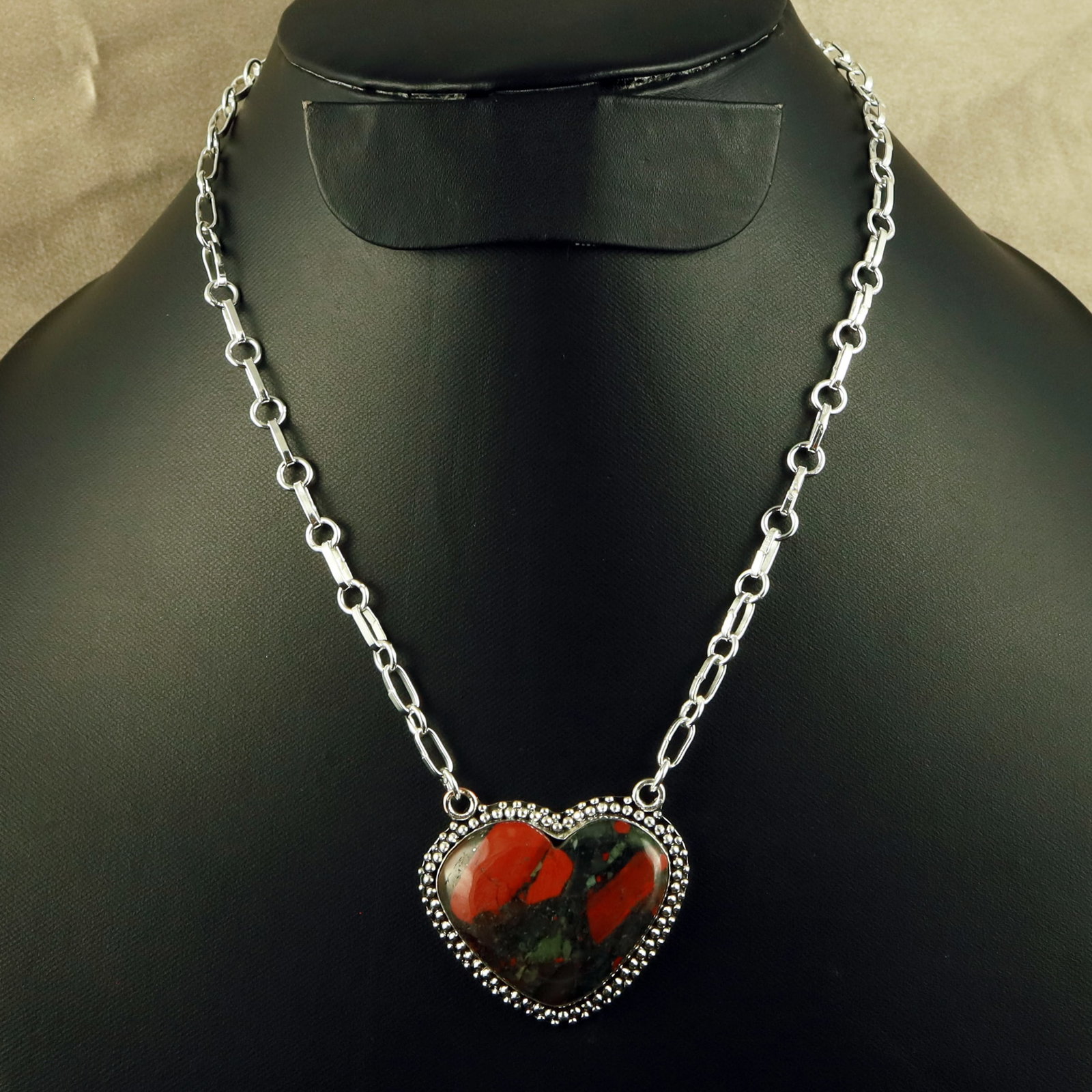 Natural Bloodstone Sterling Silver Plated Handmade Heart Necklace: Product ID: 260618121152 Product - Handmade Silver Plated Necklace Metal - 92.5 Sterling Silver Plated Necklace Length - 18 Inch Gemstone - Bloodstone Gemstone Size - 2.5X2.5 CM (1 Stone) Gemstone Ori
