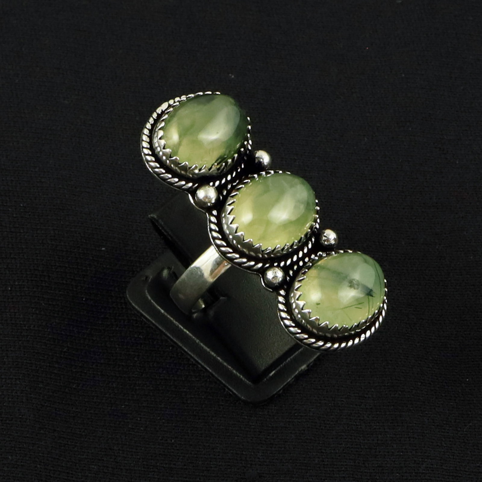 Natural Prehnite Sterling Silver Plated Handmade Ring - 9MM: Product ID: 260616165115 Product - Handmade Silver Plated Ring Metal - 92.5 Sterling Silver Plated Ring Size - 9MM Gemstone - Prehnite Gemstone Origin - South Africa Gemstone Size - 10X14 MM ( 3 Stone