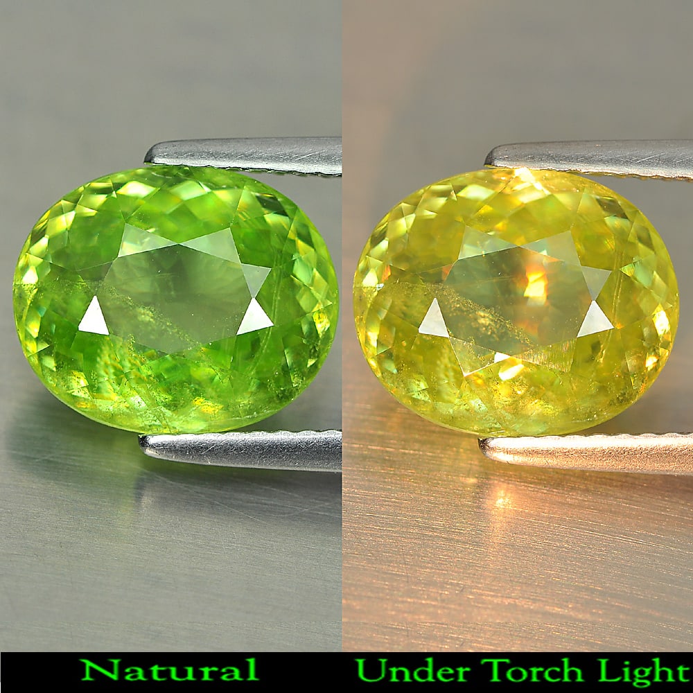 Natural Greenish Yellow Sphene Gemstones 4.59 Ct. Oval Shape 11.5 x 9.5 Mm.: Product ID: 806507759 Product Name: Natural Sphene Weight: 4.59 CT. Size: 11.5 x 9.5 x 5.3 MM. Shape: Oval Color: Green With Rainbow Spark Clarity:VSI Luster: Very Good Gems Origin: Madagascar Treatme