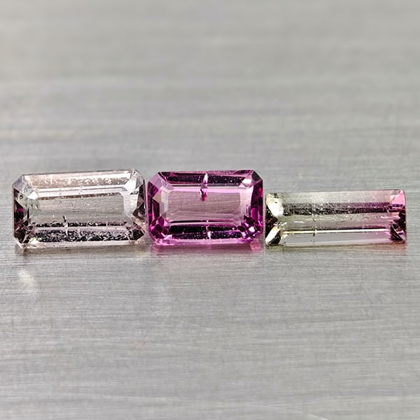 Natural Pink Tourmaline Gemstones 1.38 Ct. 3 Pcs. Octagon Shape 6.2 x 3.5 Mm.: Product ID: 807250800 Product Name: Natural Tourmaline Weight: 1.38 CT. Size: 6.2 x 3.5 x 2.9 to 6.5 x 2.5 x 2.1 MM. Shape: Octagon Color: Party Color Pink Clarity:VSI - SI1 Luster: Good Gems Origin: 