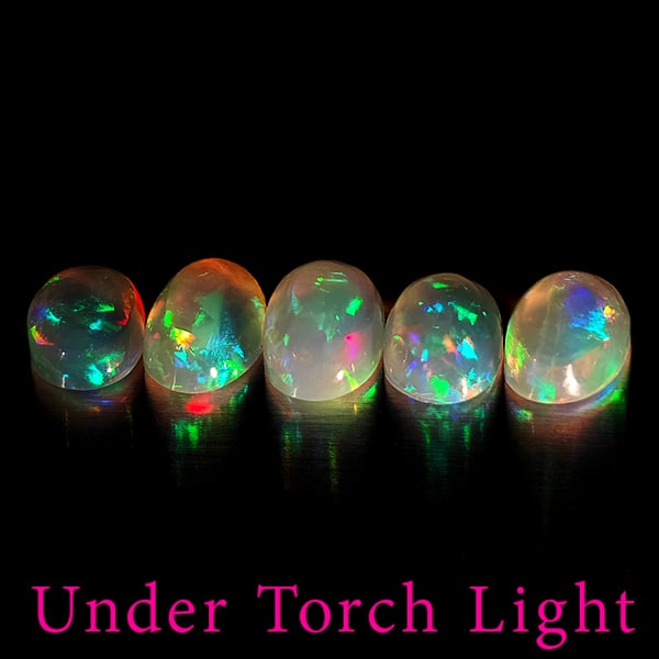 Natural Multi Color Opal Gemstones 1.60 Ct. 5 Pcs. Oval Cabochon Shape 6 x 4.1 Mm.: Product ID: 818728061 Product Name: Natural Opal Weight: 1.60 CT. Size: 6 x 4.1 x 2.9 MM. Shape: Oval Cabochon Color: Multi-Color Clarity:Semi - Transparent Luster: Good Gems Origin: Ethiopia Treatmen