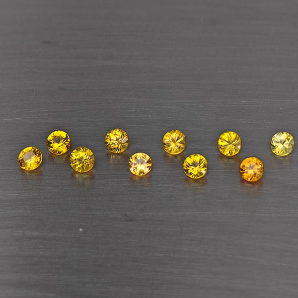 Natural Yellow Songea Sapphire Gemstones 1.23 Ct. 10 Pcs. Round Diamond Cut 2.9 Mm.: Product ID: 806130500 Product Name: Natural Blue Sapphire Weight: 1.23 CT. Size: 2.9 x 2.9 x 2 MM. Shape: Round Diamond Cut Color: Yellow Clarity:SI1 Luster: Good Gems Origin: Tanzania Treatment: Heat