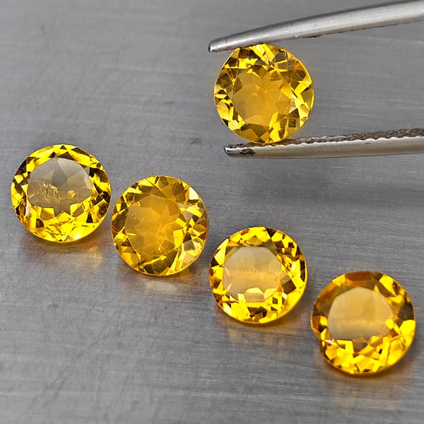 Natural Yellow Citrine Gemstones 5.38 Ct. 5 Pcs. Round Shape 7.2 Mm.: Product ID: 801815540 Product Name: Natural Citrine Weight: 5.38 CT. Size: 7.2 x 7.2 x 4.2 MM. Shape: Round Color: Yellow Clarity:VSI Luster: Good Gems Origin: Brazil Treatment: Unheated Crystal Struc