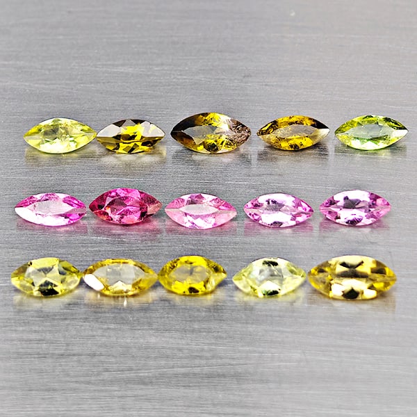 Natural Fancy Color Tourmaline Gemstones 1.90 Ct. 15 Pcs. Marquise Shape And Mixed Size: Product ID: 807251651 Product Name: Natural Tourmaline Weight: 1.90 CT. Size: 6.1 x 3 x 2.1 to 4.9 x 2.5 x 1.5 MM. Shape: Marquise Shape Color: Fancy Color Clarity:VSI - SI1 Luster: Good Gems Origin: 