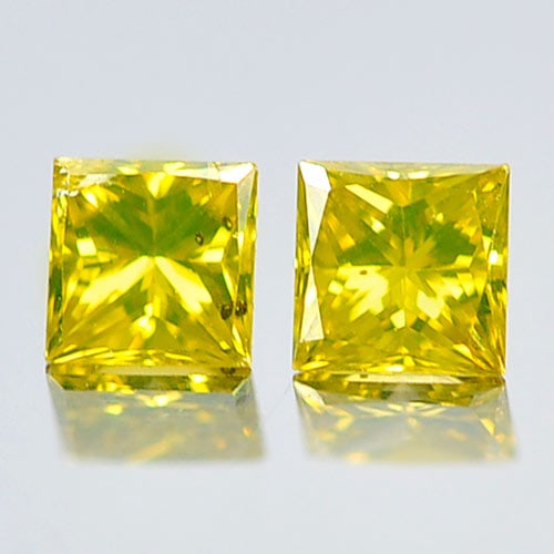 Natural Yellow Loose Diamond 0.20 Ct. 2 Pcs. Square Princess Cut 2.6 Mm.: Product ID: 802103314 Product Name: Natural Enhanced Diamond Weight: 0.20 CT. Size: 2.6 x 2.6 x 1.7 MM. Shape: Square Princess Cut Color: Yellow Clarity:SI1 Luster: Scintillating Gems Origin: Belgium 