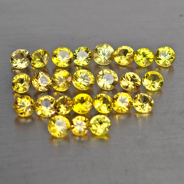 Natural Yellow Songea Sapphire 1.73 Ct. 25 Pcs. Round Shape 2.3 x 2.3 Mm.: Product ID: 806130658 Product Name: Natural Yellow Sapphire Weight: 1.73 CT. Size: 2.3 x 2.3 x 1.5 MM. Shape: Round Shape Color: Yellow Clarity:VSI Luster: Good Gems Origin: Tanzania Treatment: Heated