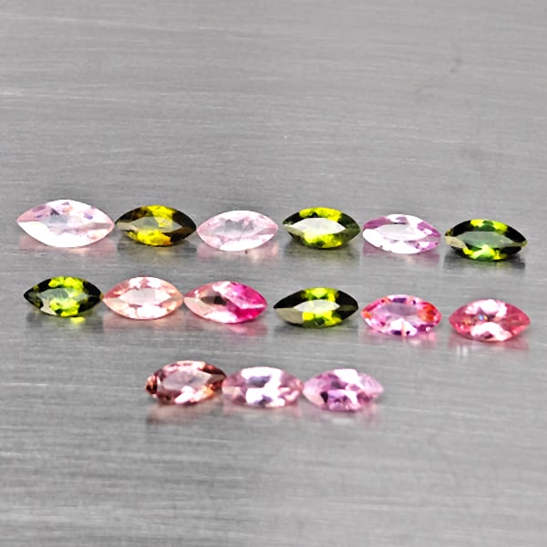 Natural Fancy Color Tourmaline Gemstones 2.08 Ct. 15 Pcs. Marquise Shape 5.2 x 2.5 Mm.: Product ID: 807251658 Product Name: Natural Tourmaline Weight: 2.08 CT. Size: 5.2 x 2.5 x 1.5 MM. Shape: Marquise Shape Color: Fancy Color Clarity:VSI - SI1 Luster: Good Gems Origin: Nigeria Treatment