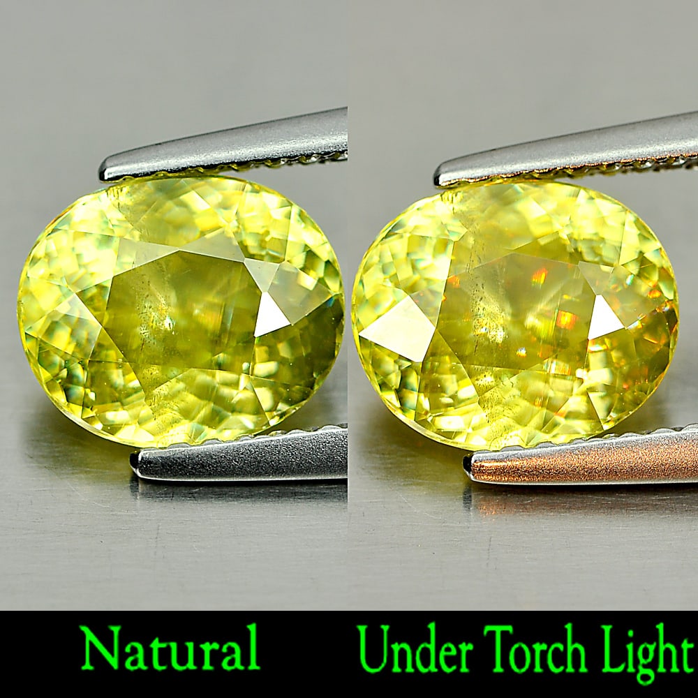 Natural Yellow Green Sphene With Rainbow Spark Gemstones 1.83 Ct. Oval Shape 8.4 x 7.1 Mm.: Product ID: 806507776 Product Name: Natural Sphene Weight: 1.83 CT. Size: 8.4 x 7.1 x 4.2 MM. Shape: Oval Color: Yellow Green With Rainbow Spark Clarity:VSI Luster: Adamantine Gems Origin: Madagascar 