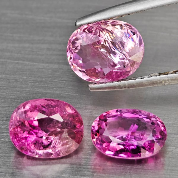 Natural Pink Tourmaline Gemstones 4.68 Ct. 3 Pcs. Oval Shape and Mixed Size: Product ID: 807251482 Product Name: Natural Tourmaline Weight: 4.68 CT. Size: 8.7 x 6.9 x 4.1 to 8.4 x 6 x 3.6 MM. Shape: Oval Shape Color: Pink Clarity:SI1 Luster: Good Gems Origin: Nigeria Treatment