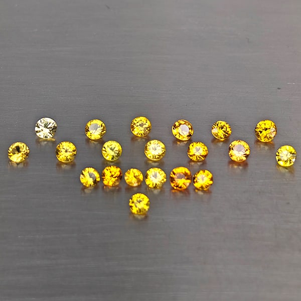 Natural Yellow Songea Sapphire 1.85 Ct. 20 Pcs. Round Shape 2.5 Mm.: Product ID: 806130660 Product Name: Natural Yellow Sapphire Weight: 1.85 CT. Size: 2.5 x 2.5 x 1.6 MM. Shape: Round Shape Color: Yellow Clarity:VSI Luster: Good Gems Origin: Tanzania Treatment: Heated