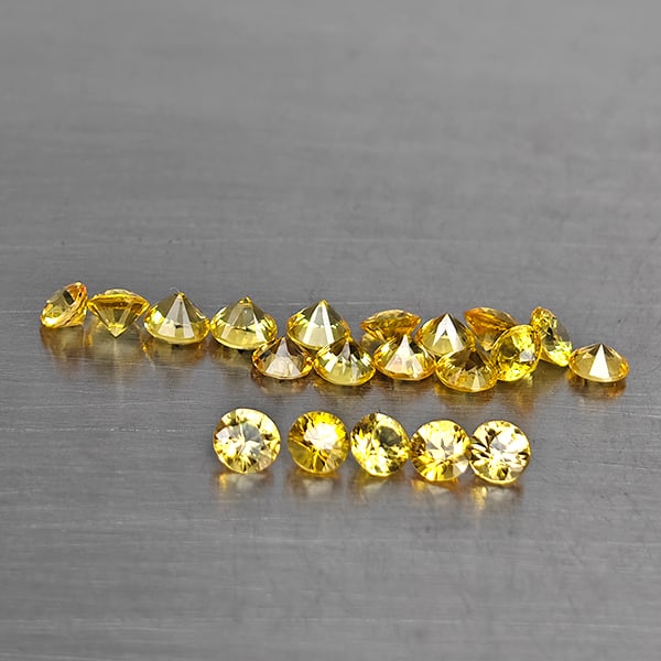 Natural Yellow Songea Sapphire 1.06 Ct. 20 Pcs. Round Shape Diamond Cut 2.1 Mm.: Product ID: 806130654 Product Name: Natural Yellow Sapphire Weight: 1.06 CT. Size: 2.1 x 2.1 x 1.5 MM. Shape: Round Diamond Cut Color: Yellow Clarity:VSI Luster: Good Gems Origin: Tanzania Treatment: 